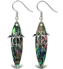 EARRINGS - DANGLE POST - FISH HOOK - NATURAL PAUA - SURFBOARD