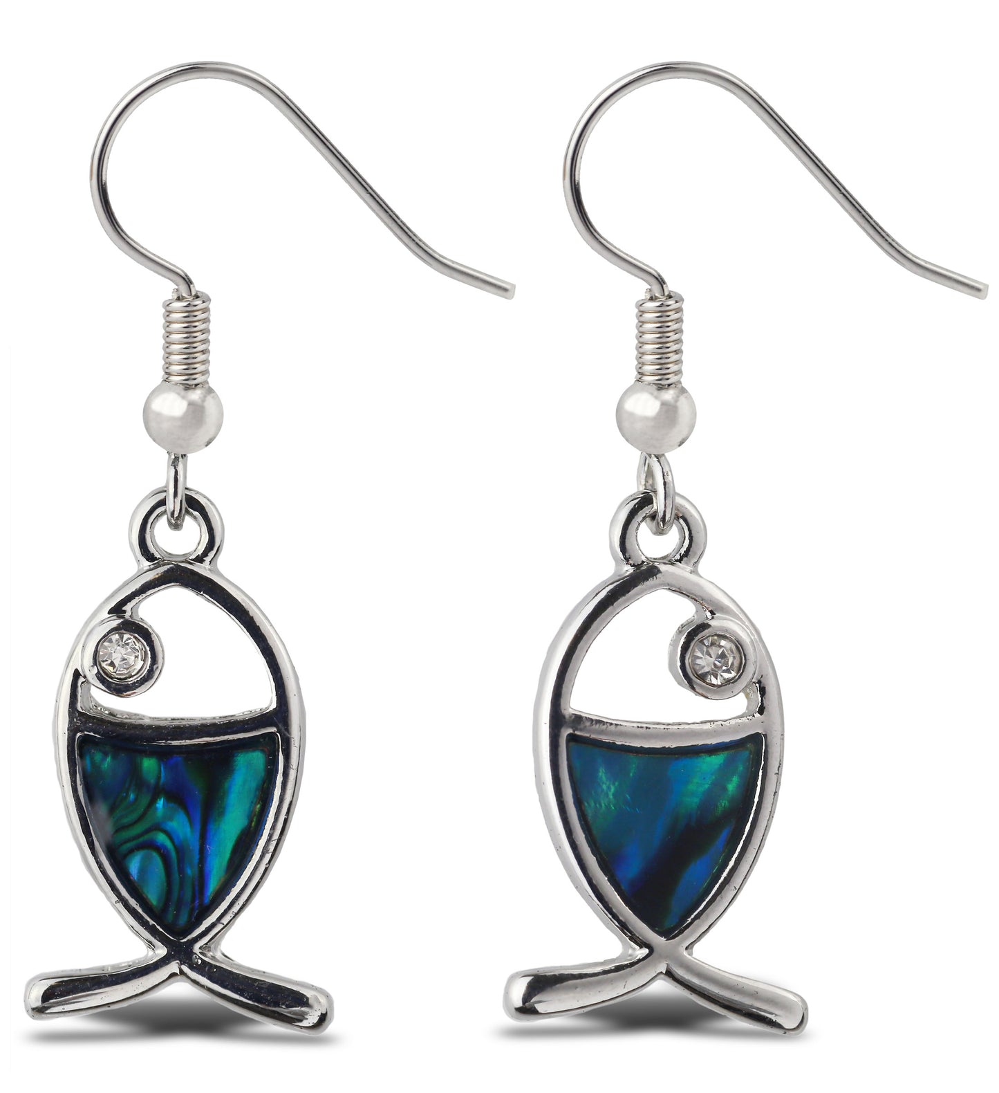 EARRINGS - DANGLE POST - FISH HOOK - NATURAL PAUA - CHRISTIAN FISH