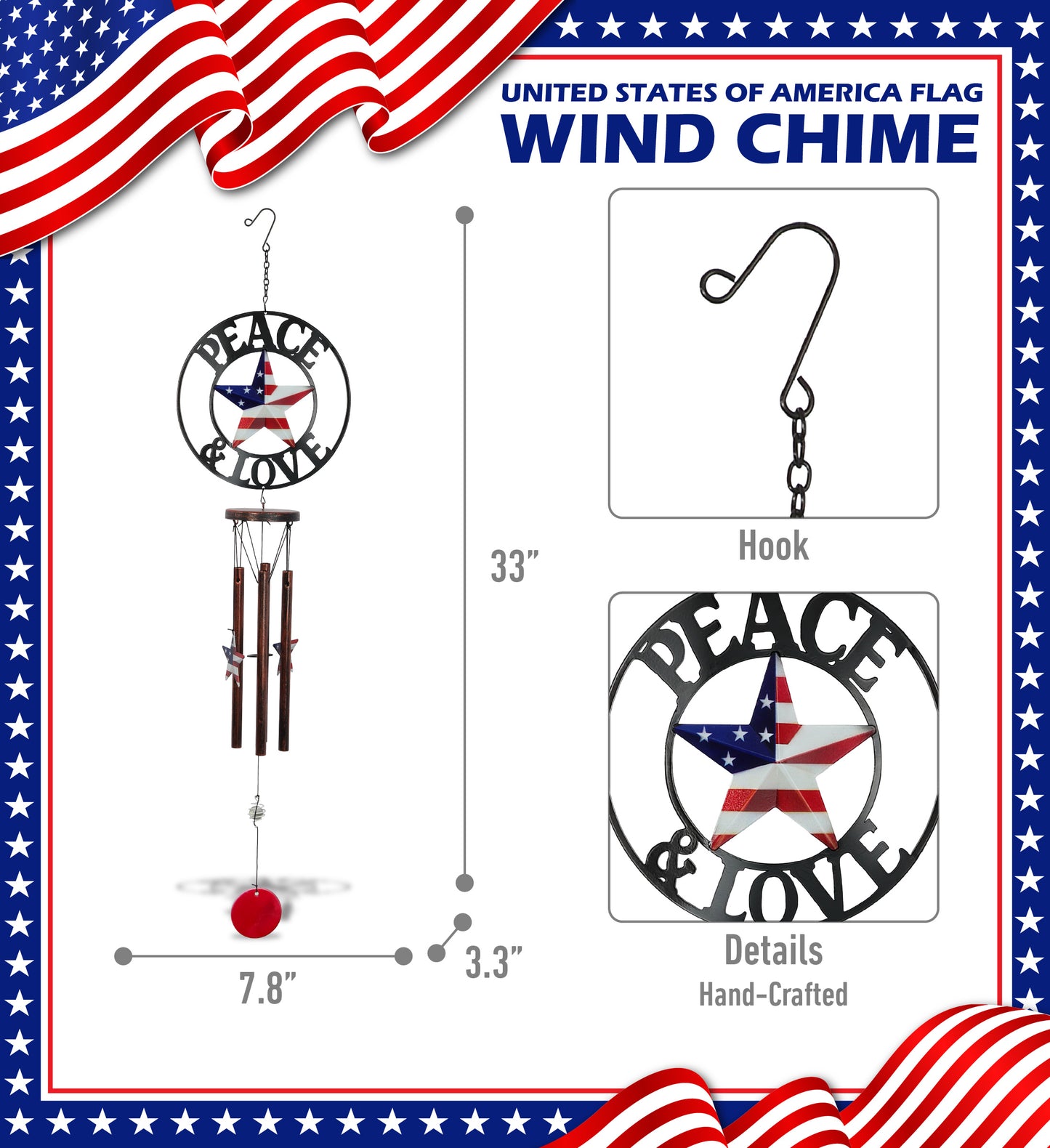 WIND CHIME - PEACE & LOVE - USA FLAG