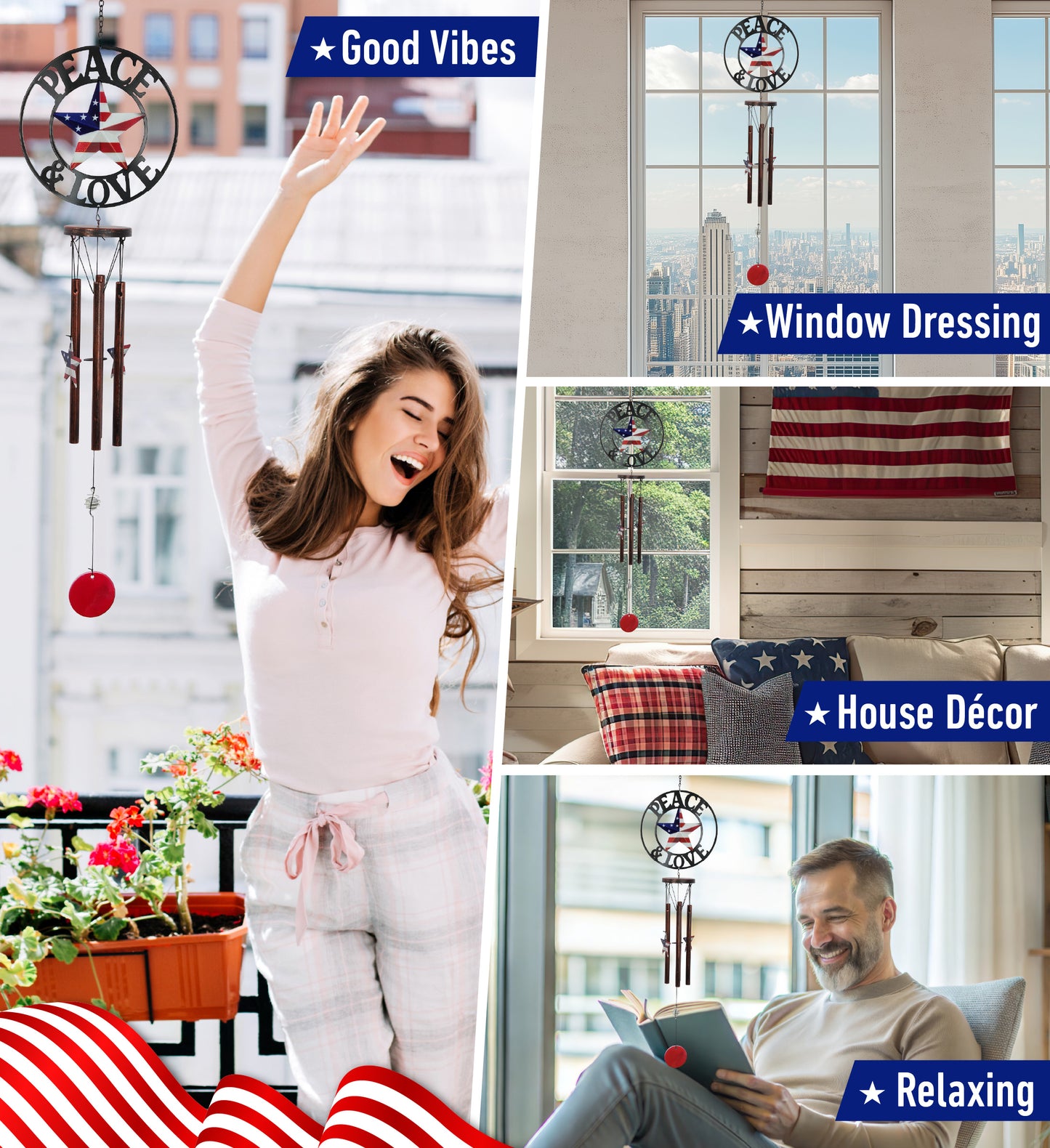 WIND CHIME - PEACE & LOVE - USA FLAG
