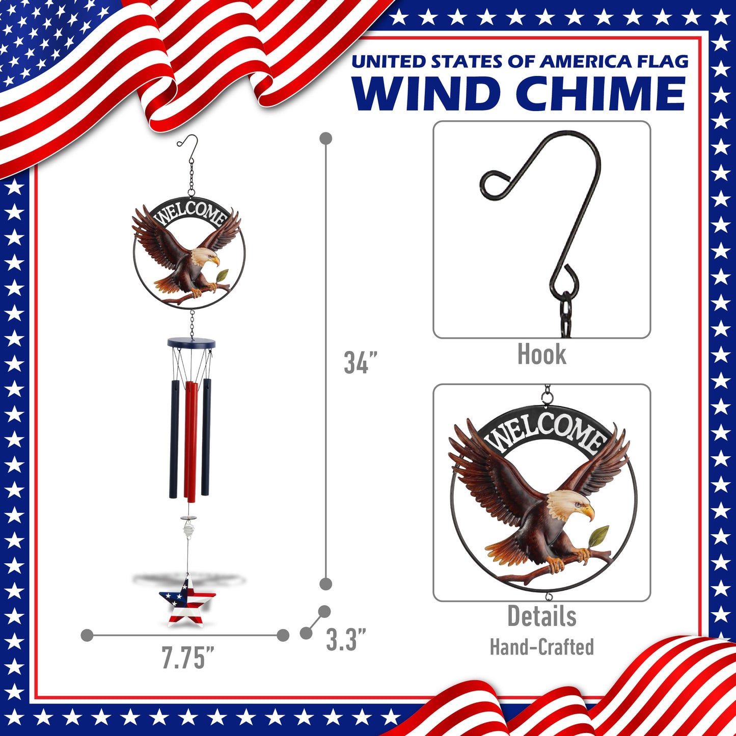WIND CHIME - WELCOME EAGLE - USA FLAG