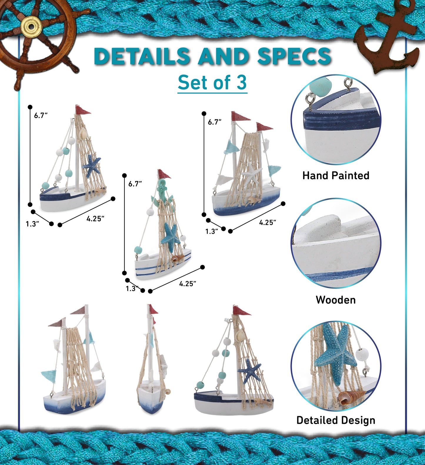 NAUTICAL DECOR - OCEAN BLUE MINI SAILBOATS - SET OF 3