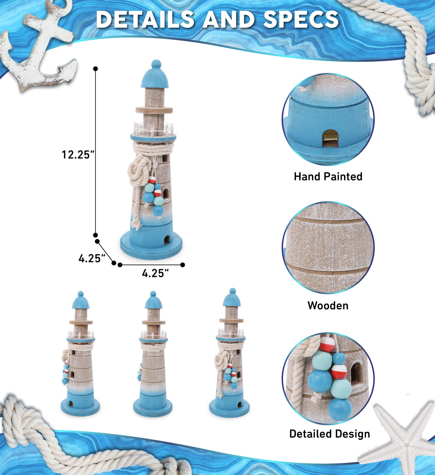 NAUTICAL DECOR - BLUE WAVE LIGHTHOUSE WITH LED LIGHT