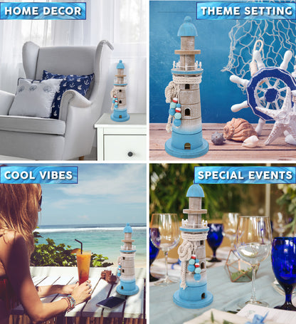 NAUTICAL DECOR - BLUE WAVE LIGHTHOUSE WITH LED LIGHT