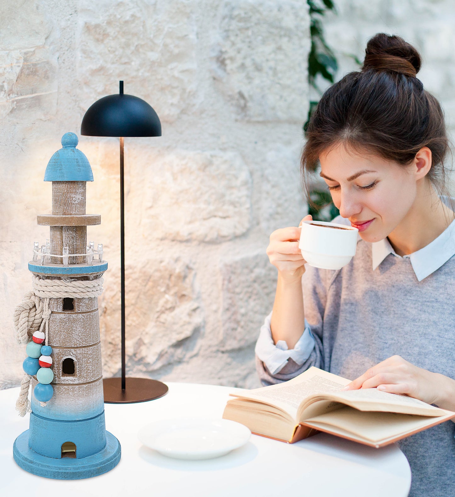 NAUTICAL DECOR - BLUE WAVE LIGHTHOUSE WITH LED LIGHT