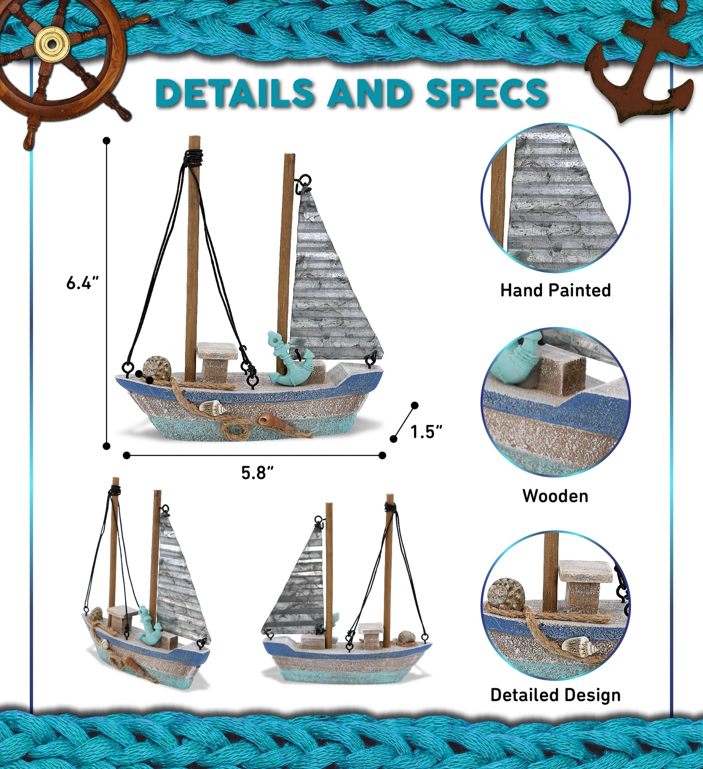 NAUTICAL DECOR - BLUE WAVE SMALL RUSTIC SAILBOAT
