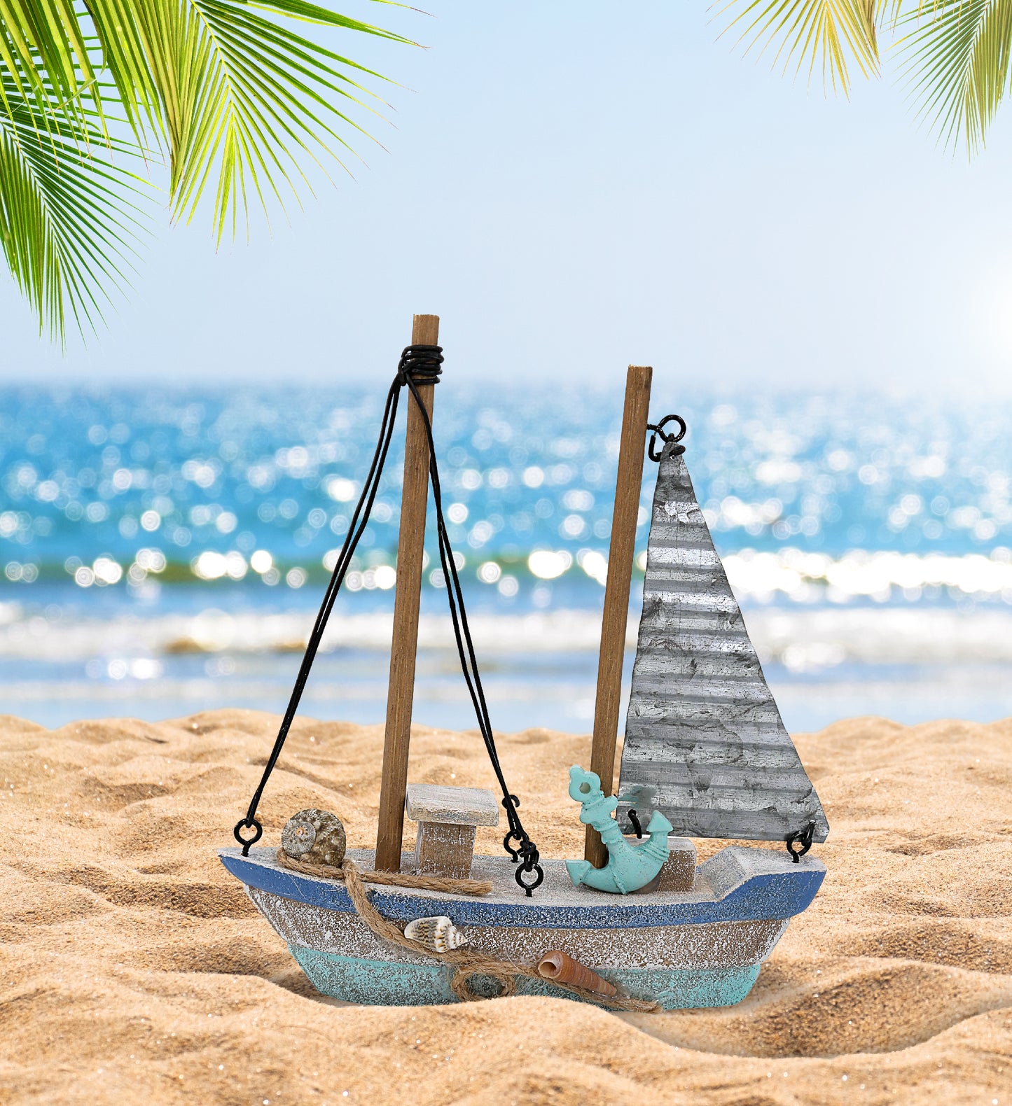 NAUTICAL DECOR - BLUE WAVE SMALL RUSTIC SAILBOAT