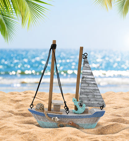 NAUTICAL DECOR - BLUE WAVE SMALL RUSTIC SAILBOAT