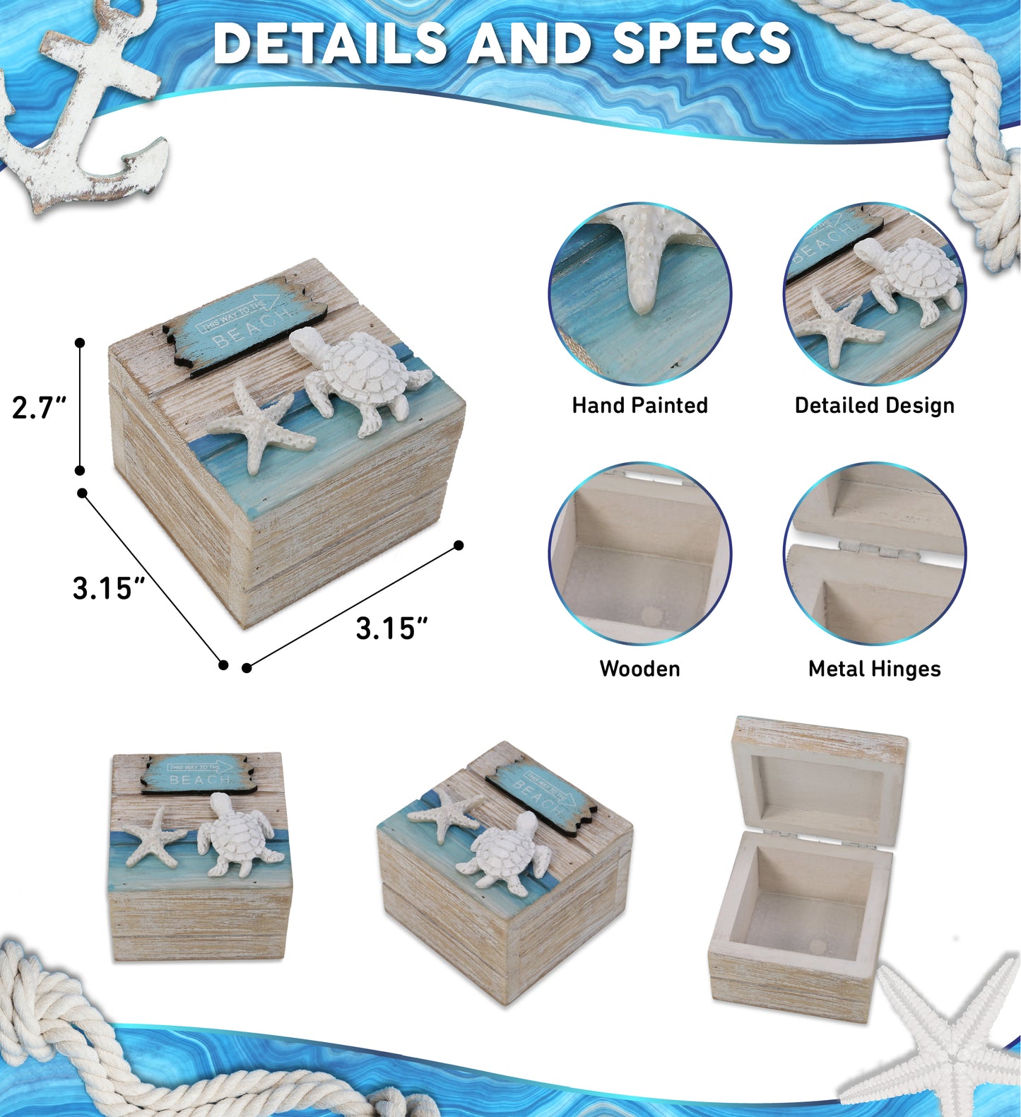 NAUTICAL DECOR - BLUE WAVE JEWELRY BOX SMALL