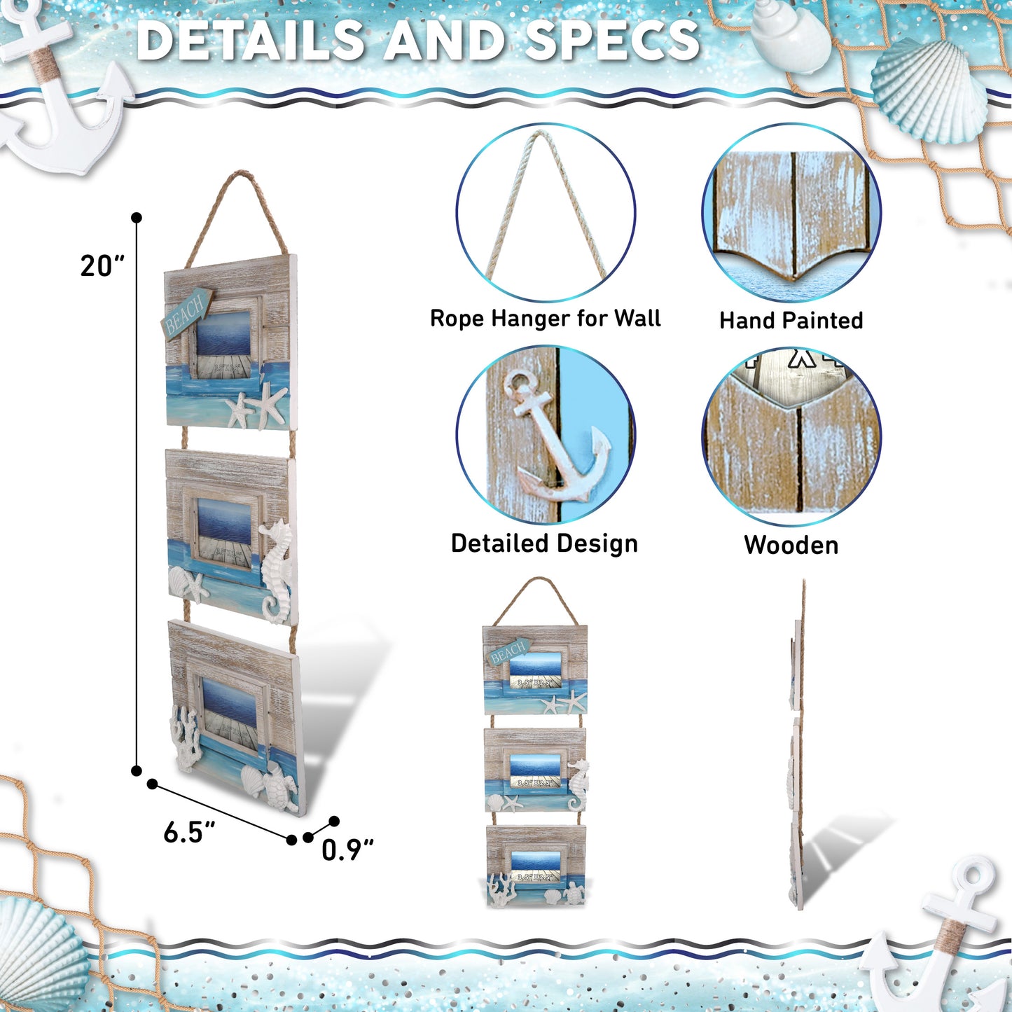 NAUTICAL DECOR - BLUE WAVE HANGING FRAMES 3.5X2.5