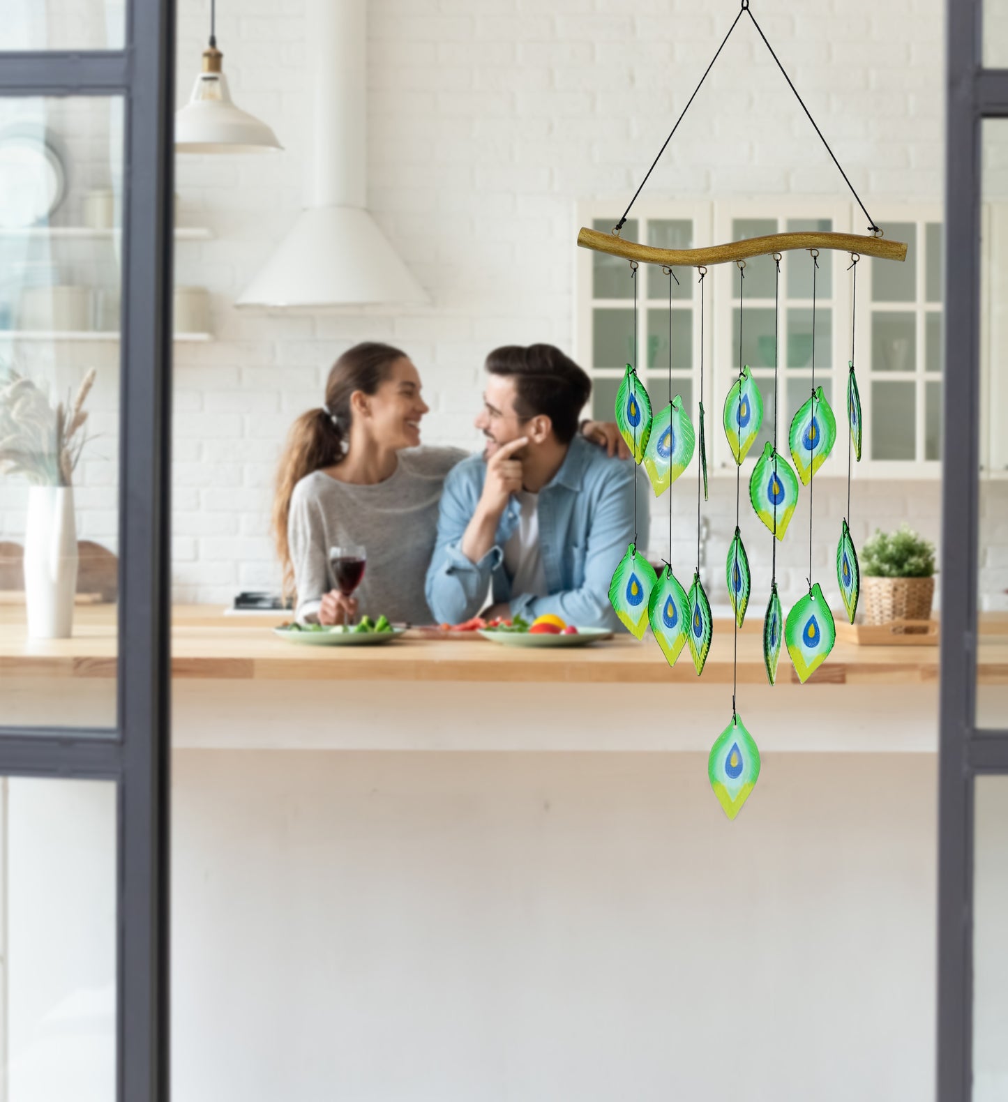 CoTa Global Peacock Feathers Handmade Glass and Metal Wind Chime - 31 Inches