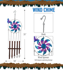 CoTa Global Blue Butterfly Hanging Metal Wind Spinner Wind Chime - 31 Inches