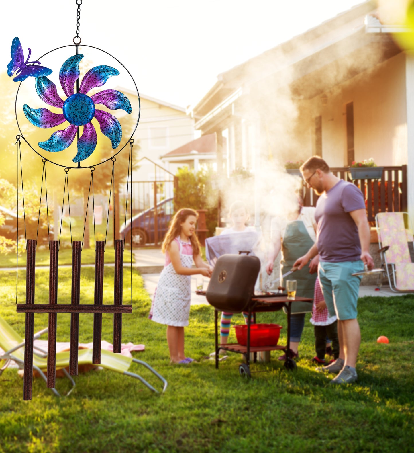 CoTa Global Blue Butterfly Hanging Metal Wind Spinner Wind Chime - 31 Inches