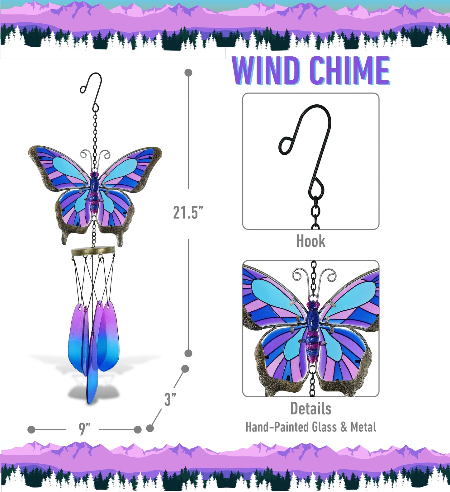 CoTa Global Summer Butterfly Handmade Glass and Metal Wind Chime â€“ 21.5 Inches