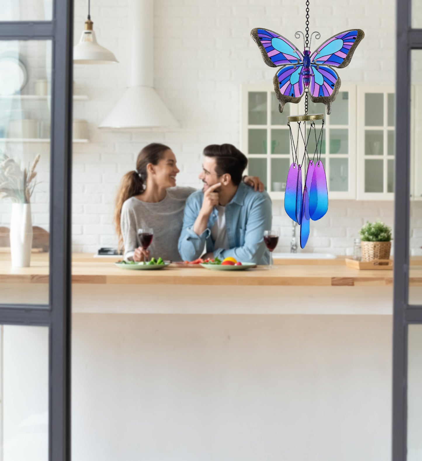 CoTa Global Summer Butterfly Handmade Glass and Metal Wind Chime â€“ 21.5 Inches