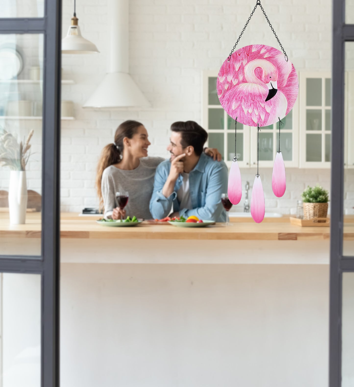 CoTa Global Tropical Flamingo Handmade Glass Wind Chime Decor â€“ 28.5 Inches