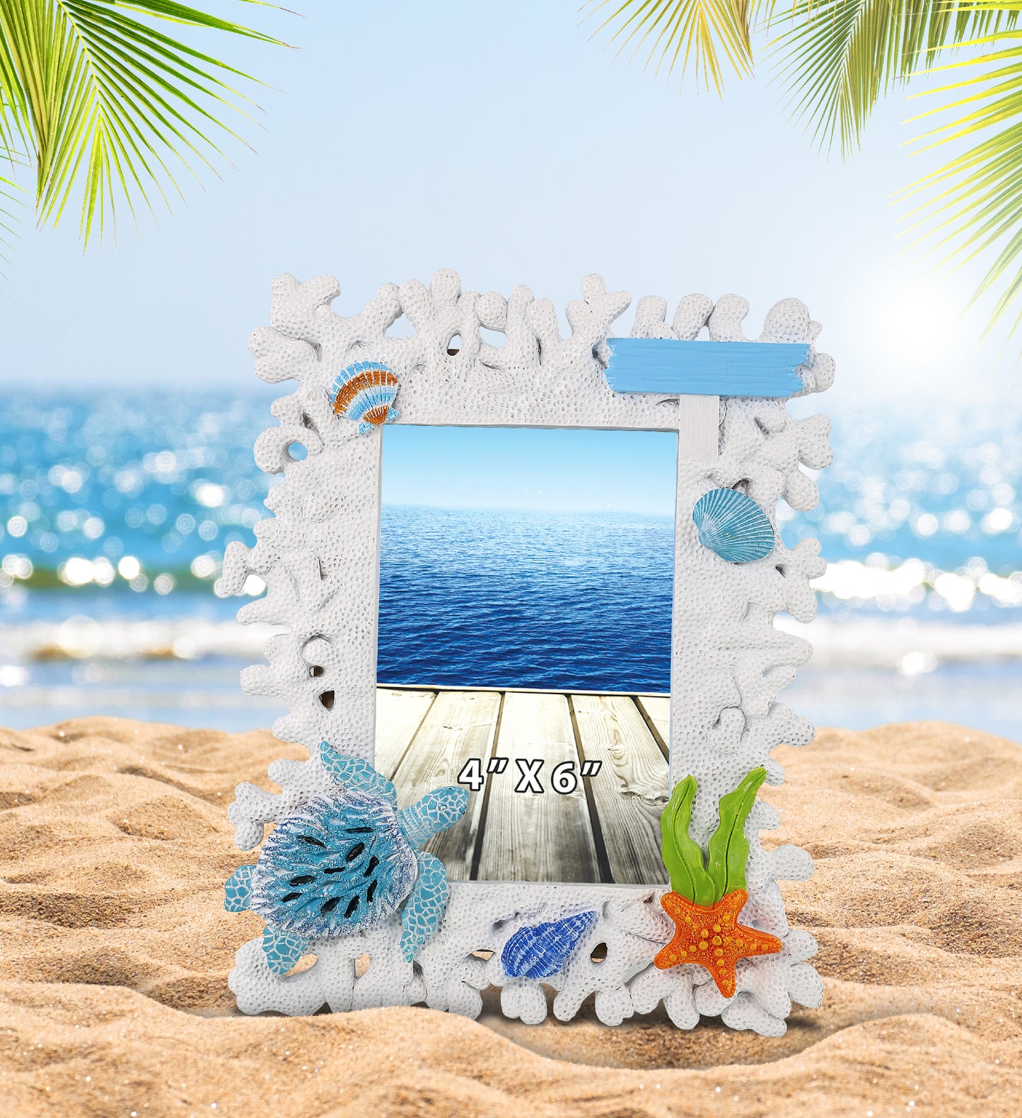 CoTa Global Handmade White Coral Sea Turtle 4x6 Nautical Photo Frame - 8 Inches
