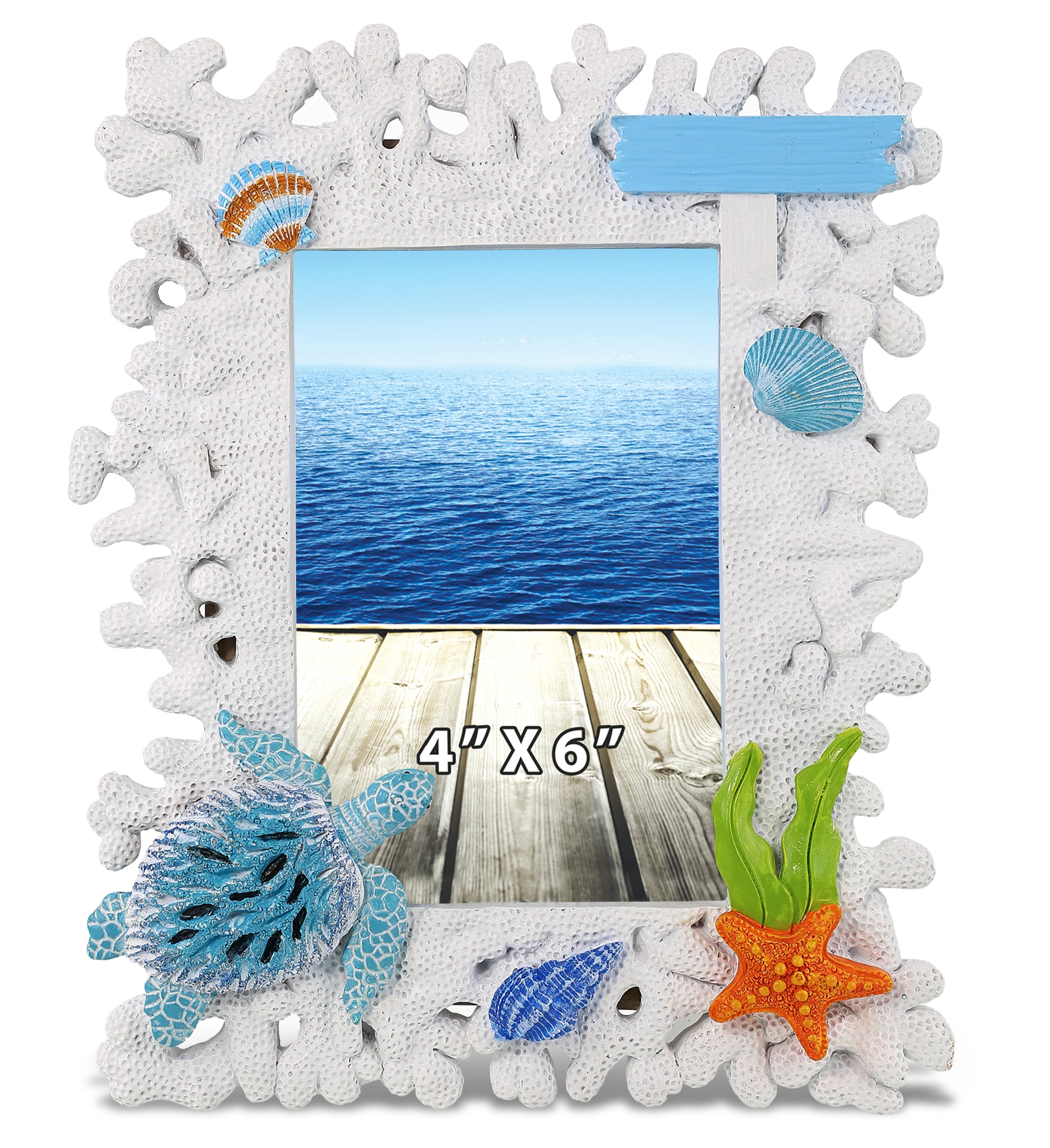 CoTa Global Handmade White Coral Sea Turtle 4x6 Nautical Photo Frame - 8 Inches