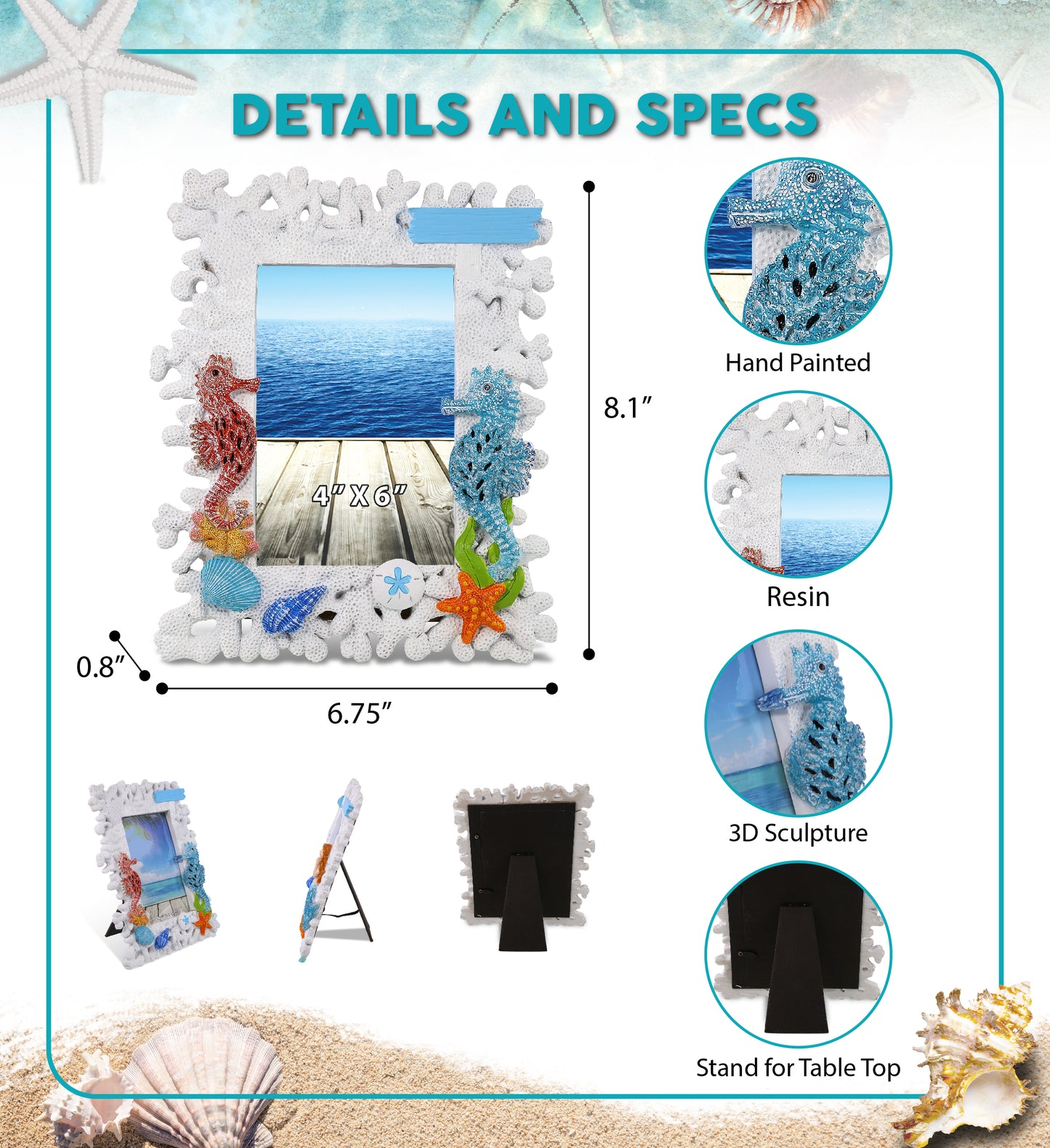 CoTa Global Handmade White Coral Seahorse 4x6 Nautical Photo Frame - 8 Inches