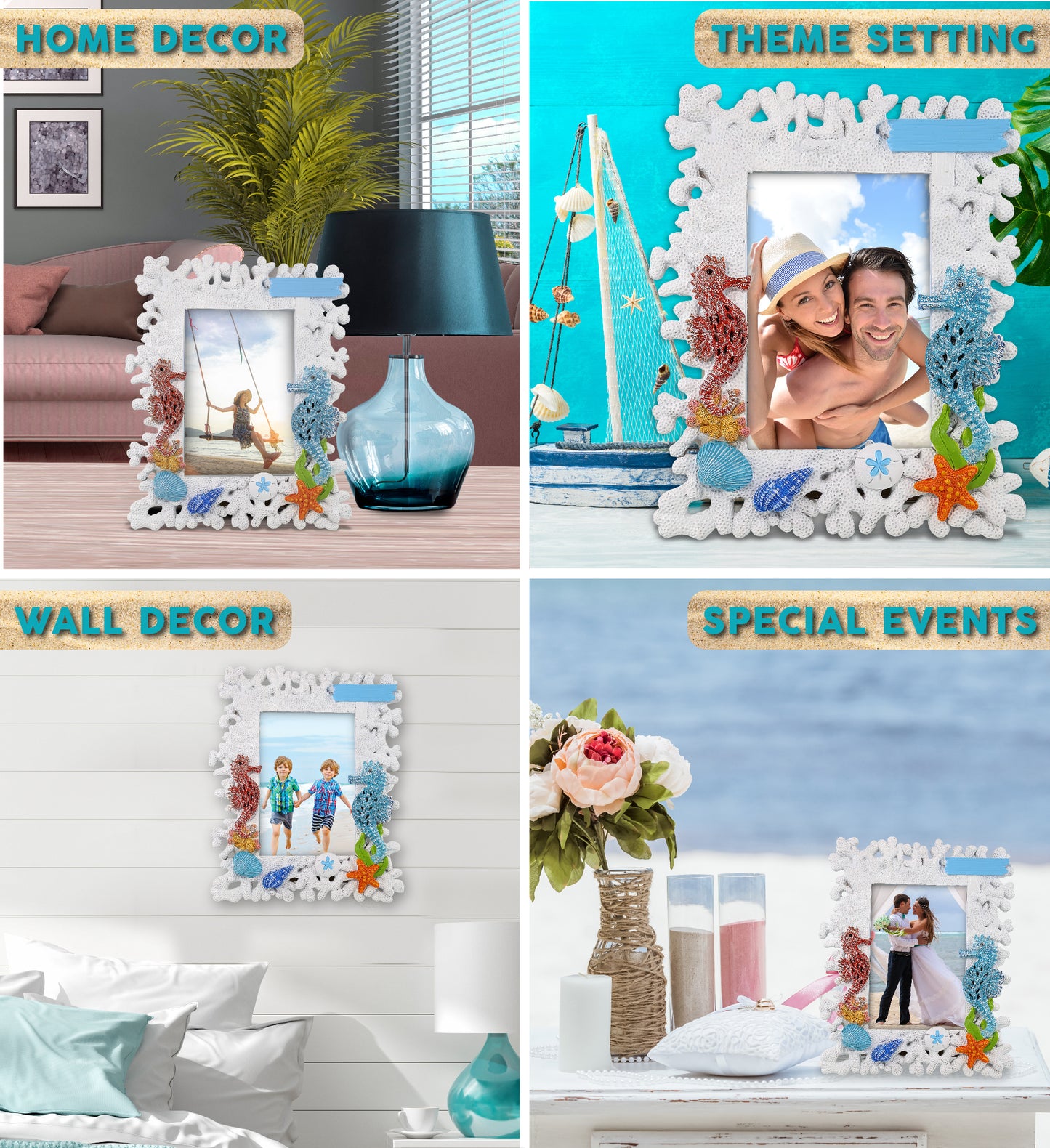 CoTa Global Handmade White Coral Seahorse 4x6 Nautical Photo Frame - 8 Inches