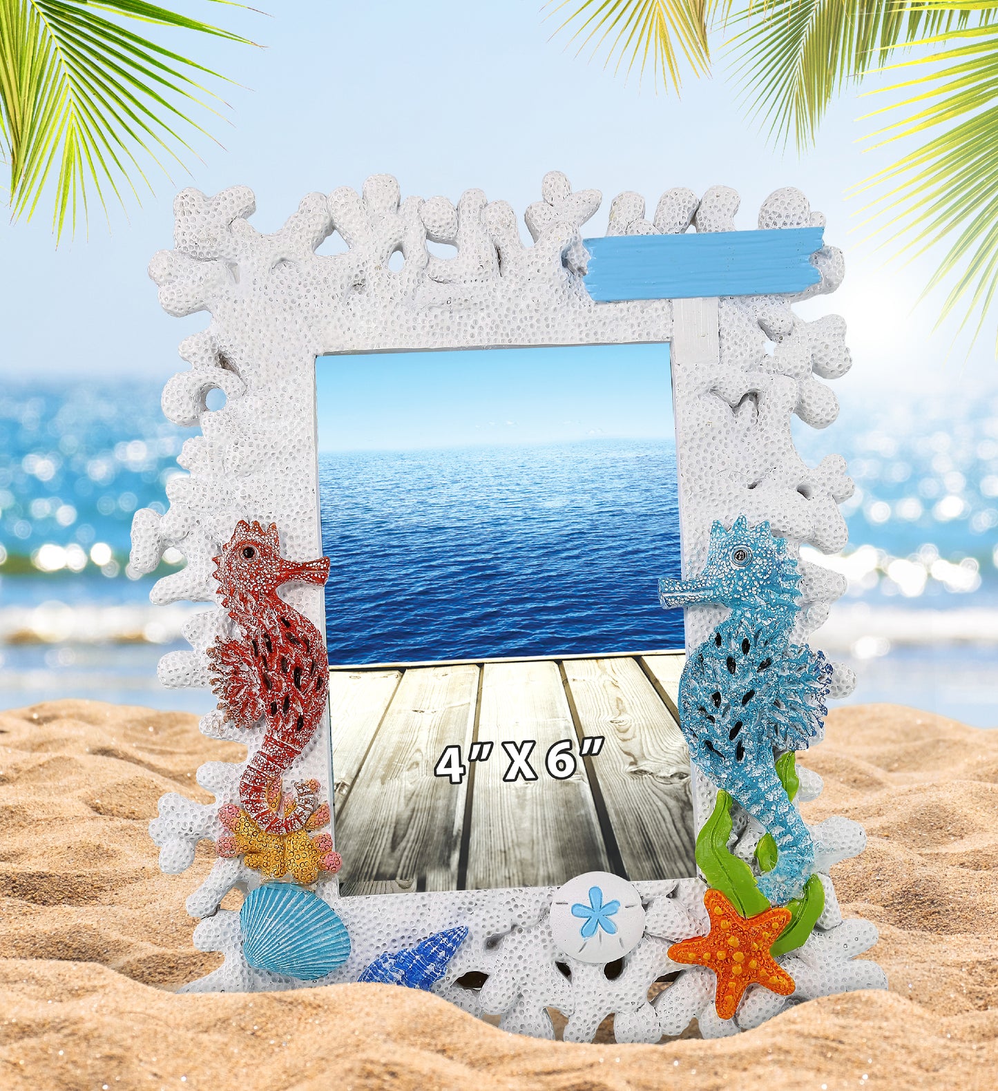 CoTa Global Handmade White Coral Seahorse 4x6 Nautical Photo Frame - 8 Inches