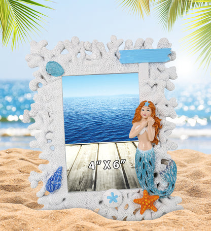 CoTa Global Handmade White Coral Mermaid 4x6 Nautical Photo Frame - 8 Inches