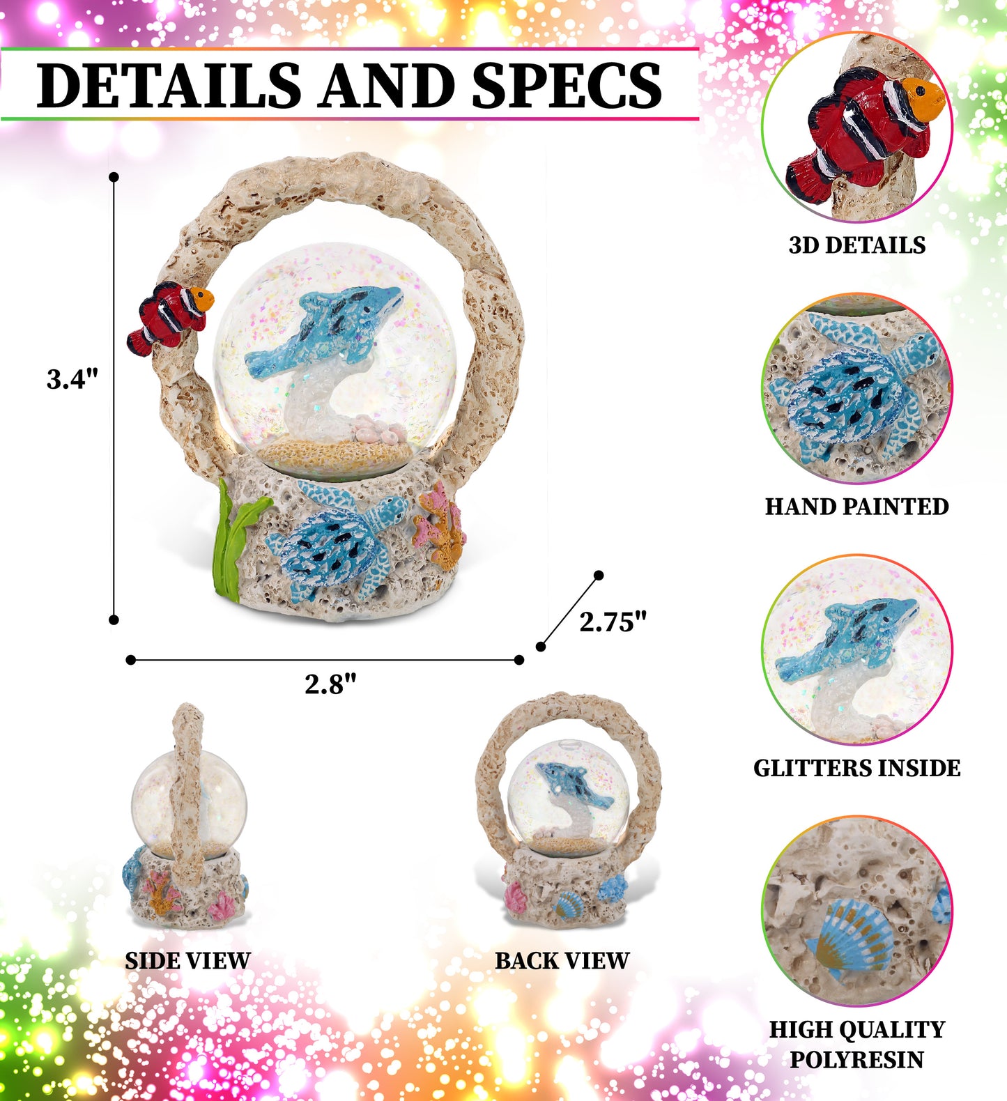 CoTa Global Dolphin Coral Snow Globe Decor with Pink Sparkle Glitter - 45 mm