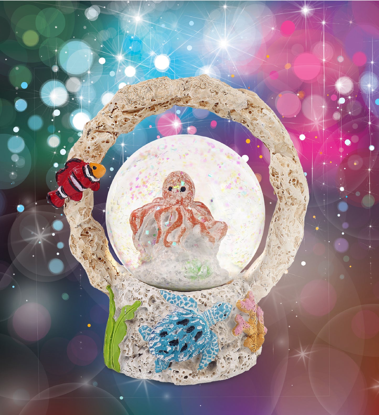 CoTa Global Octopus Coral Snow Globe Decor with Pink Sparkle Glitter  - 45 mm