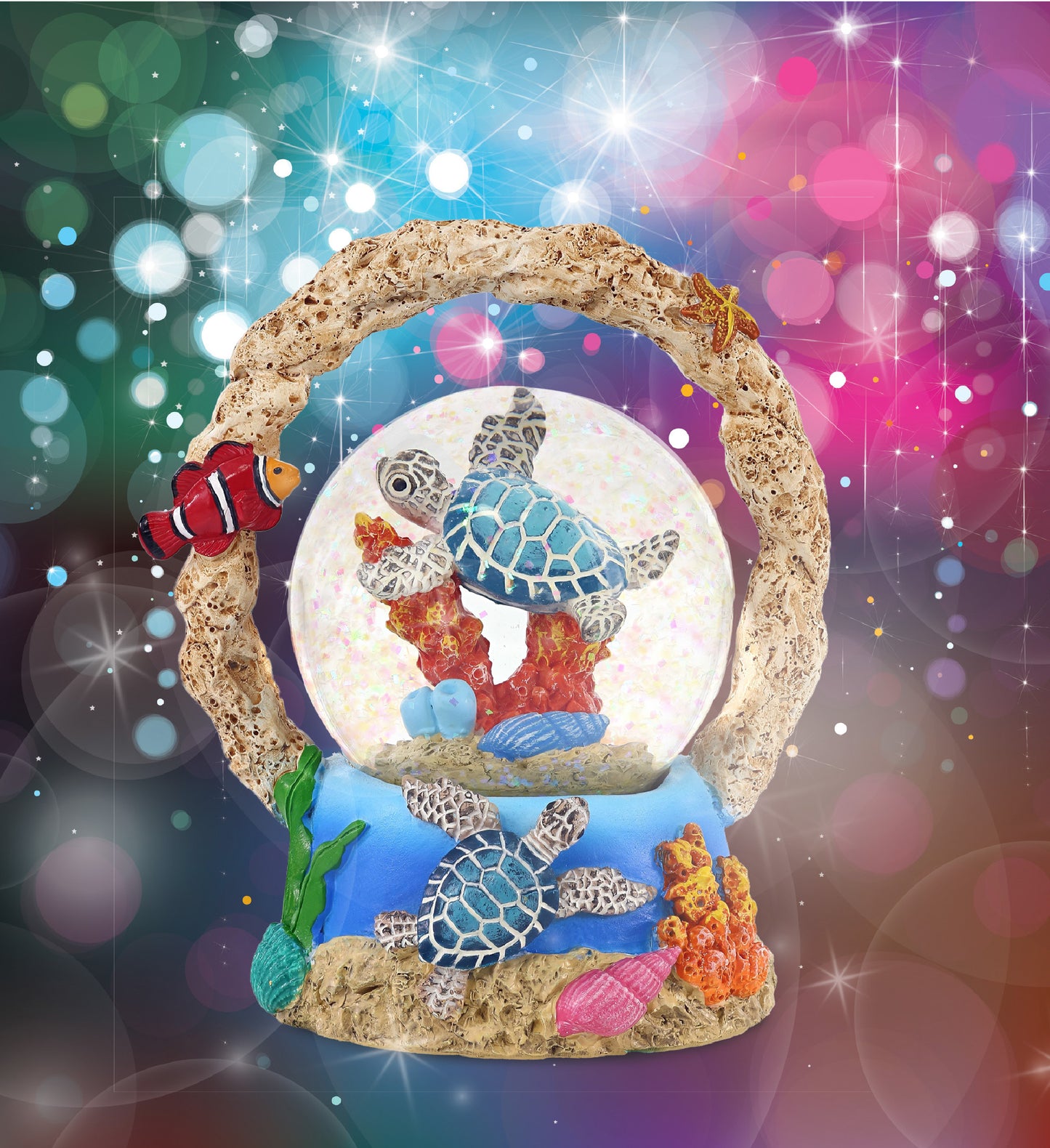 CoTa Global Sea Turtle Coral Snow Globe Decor with Pink Sparkle Glitter, 65 mm
