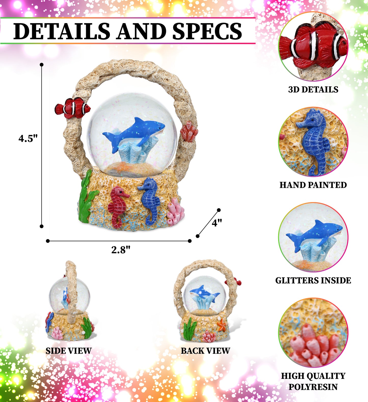 CoTa Global Shark Coral Snow Globe Decor with Pink Sparkle Glitter - 65 mm