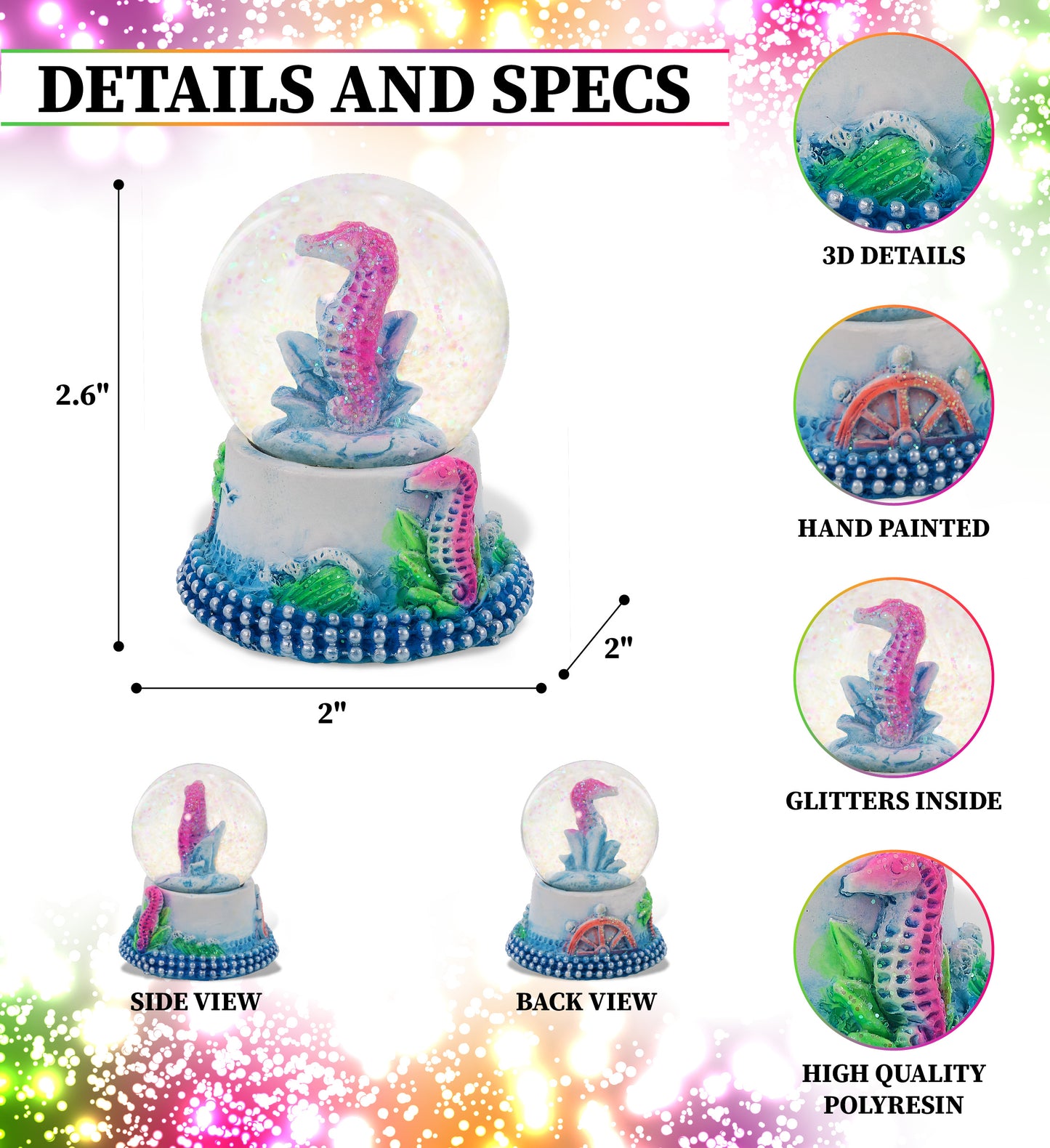 CoTa Global Seahorse Neon Snow Globe Decor with Pink Sparkle Glitter - 45 mm