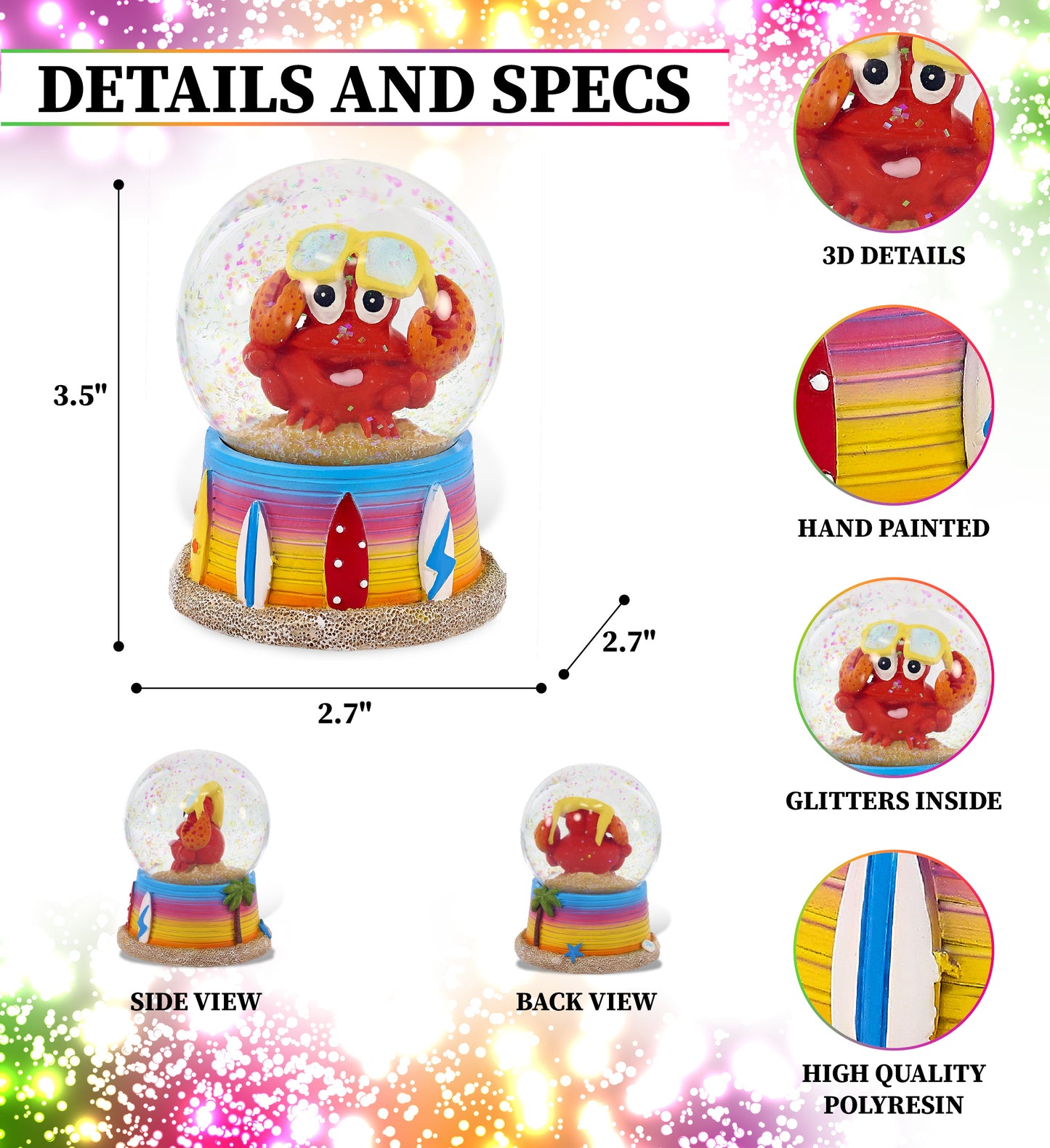 CoTa Global Bach Crab Snow Globe Decor with Pink Sparkle Glitter - 65 mm