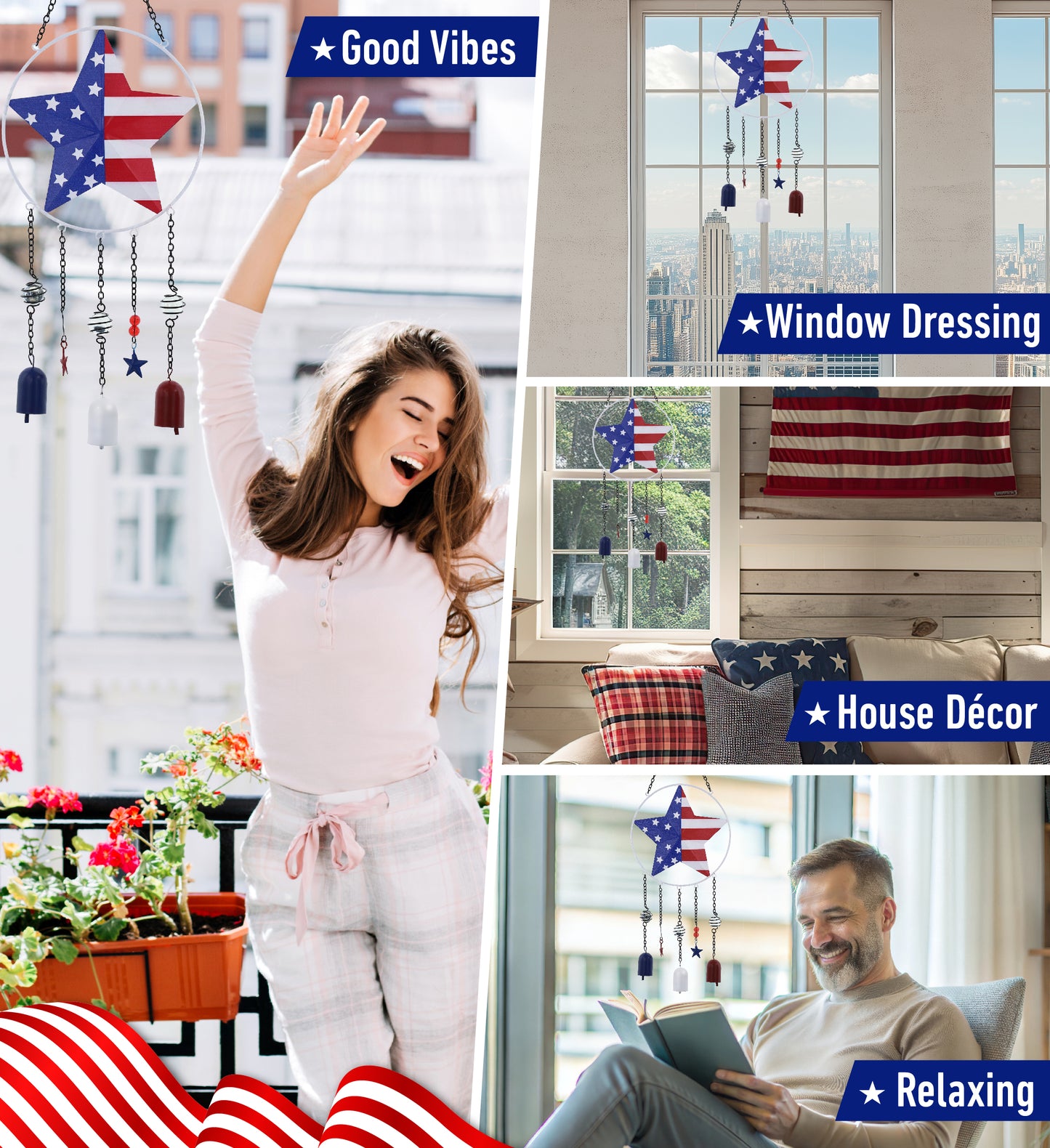 CoTa Global USA Flag Star Handcrafted Glass and Metal Wind Chime - 24 Inches