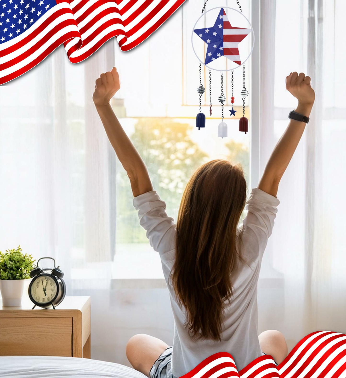 CoTa Global USA Flag Star Handcrafted Glass and Metal Wind Chime - 24 Inches
