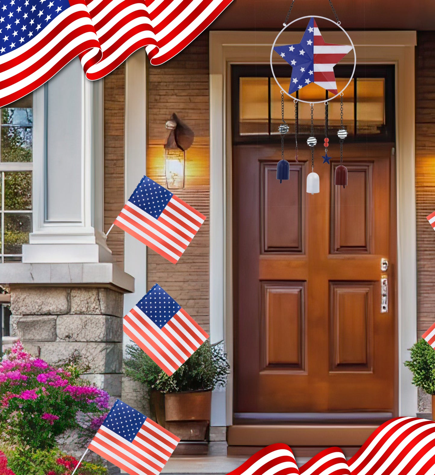 CoTa Global USA Flag Star Handcrafted Glass and Metal Wind Chime - 24 Inches