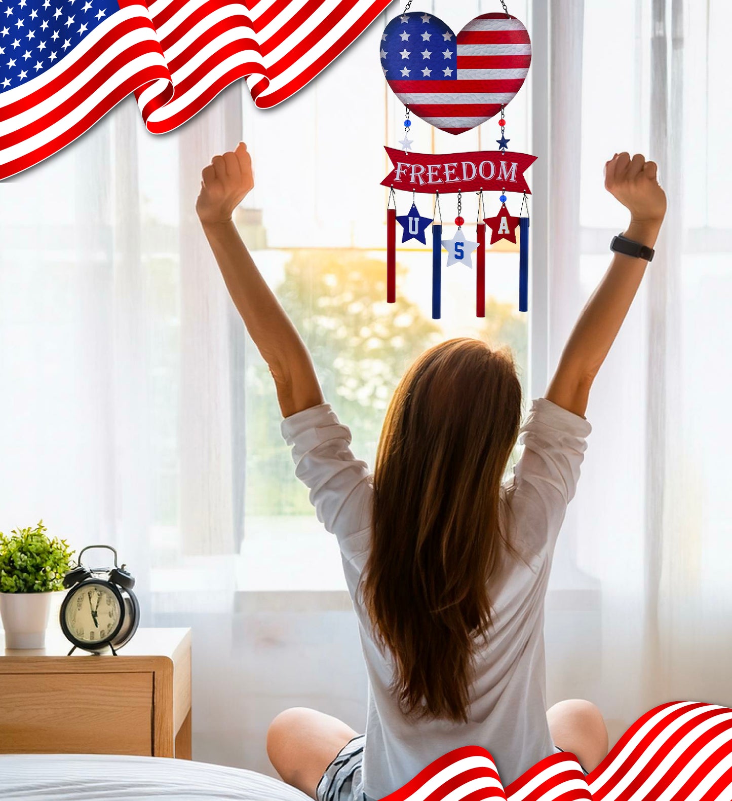 CoTa Global USA Flag Heart Handcrafted Glass and Metal Wind Chime - 26.7 Inches