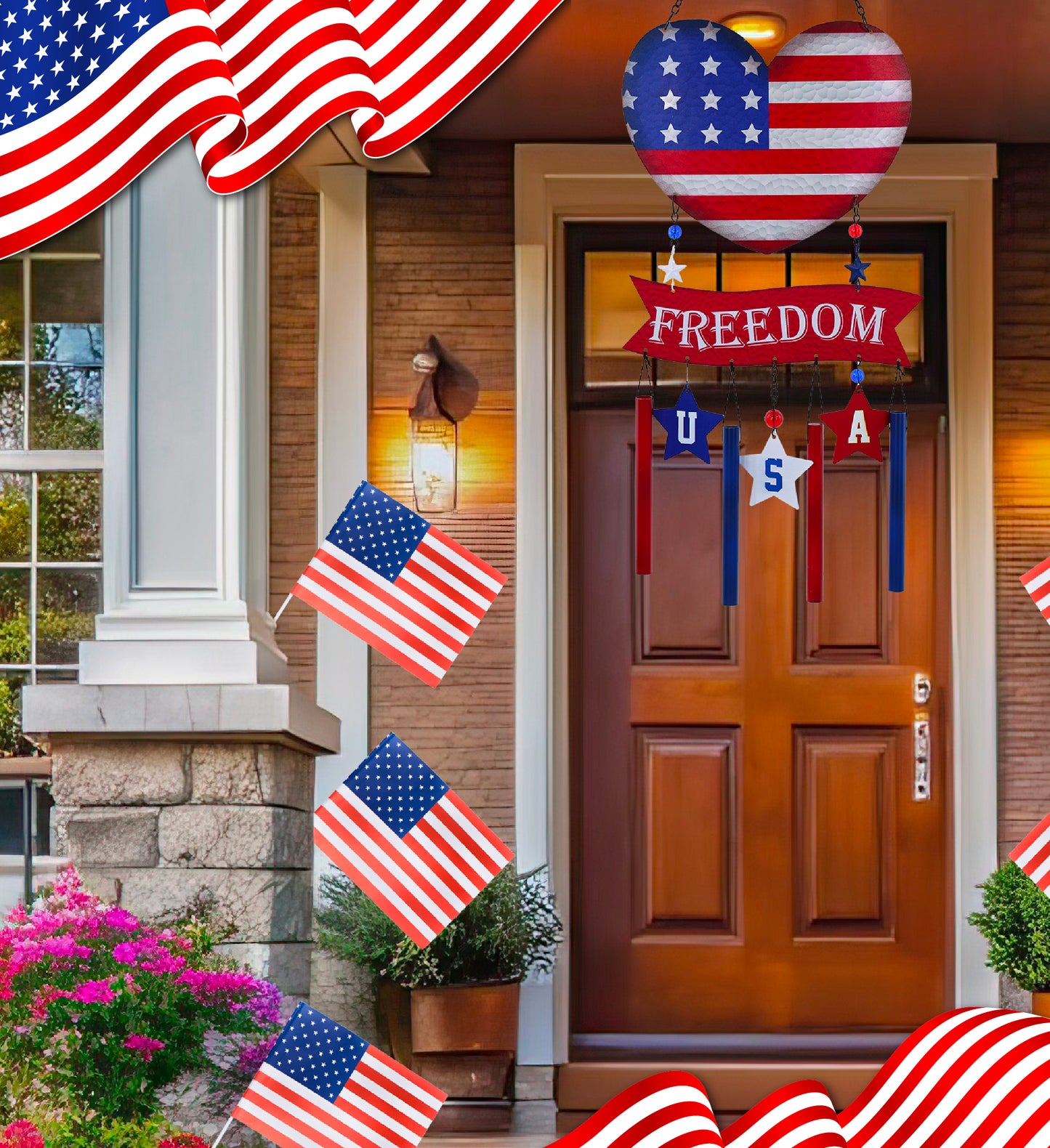 CoTa Global USA Flag Heart Handcrafted Glass and Metal Wind Chime - 26.7 Inches