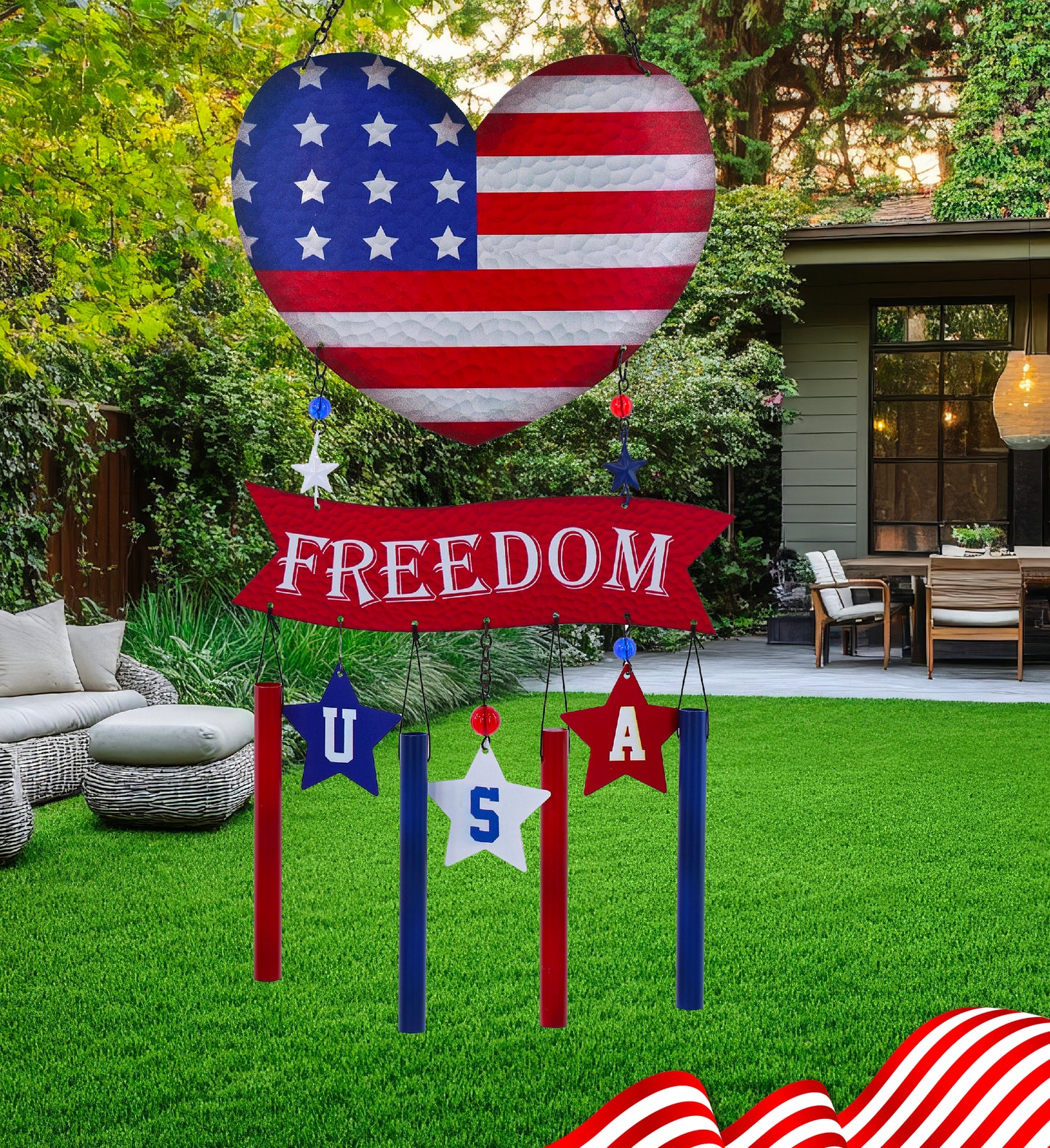 CoTa Global USA Flag Heart Handcrafted Glass and Metal Wind Chime - 26.7 Inches