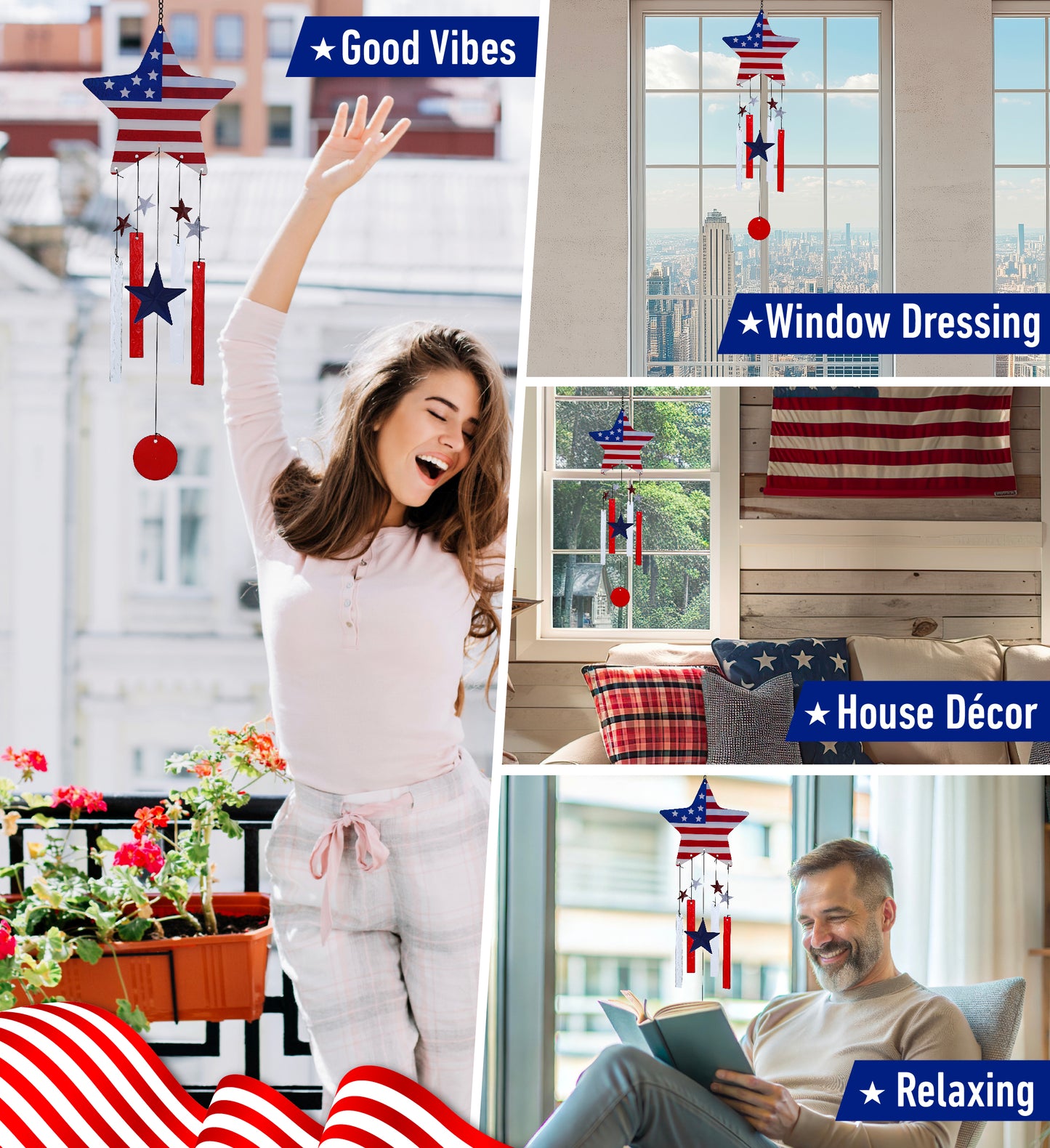 CoTa Global USA Flag Star Handcrafted Glass and Metal Wind Chime - 28.7 Inches