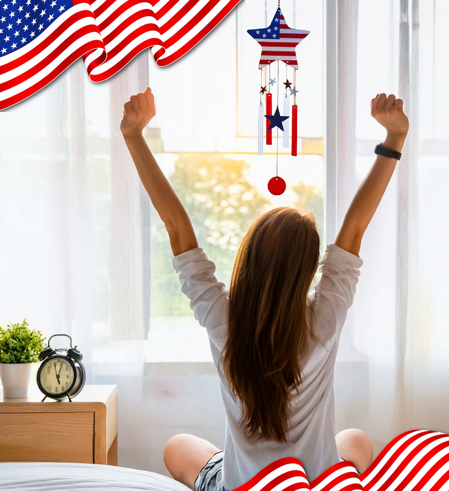 CoTa Global USA Flag Star Handcrafted Glass and Metal Wind Chime - 28.7 Inches