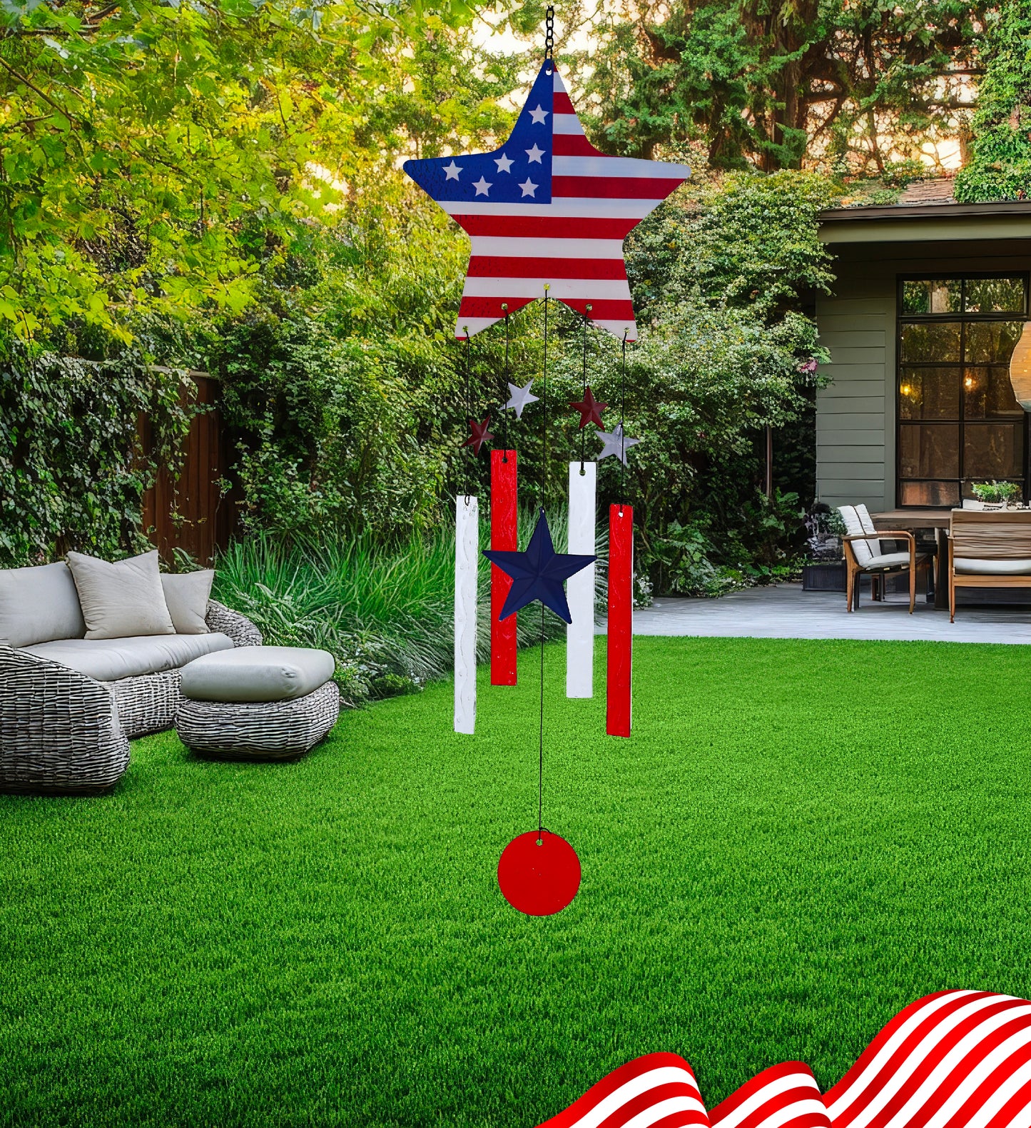 CoTa Global USA Flag Star Handcrafted Glass and Metal Wind Chime - 28.7 Inches