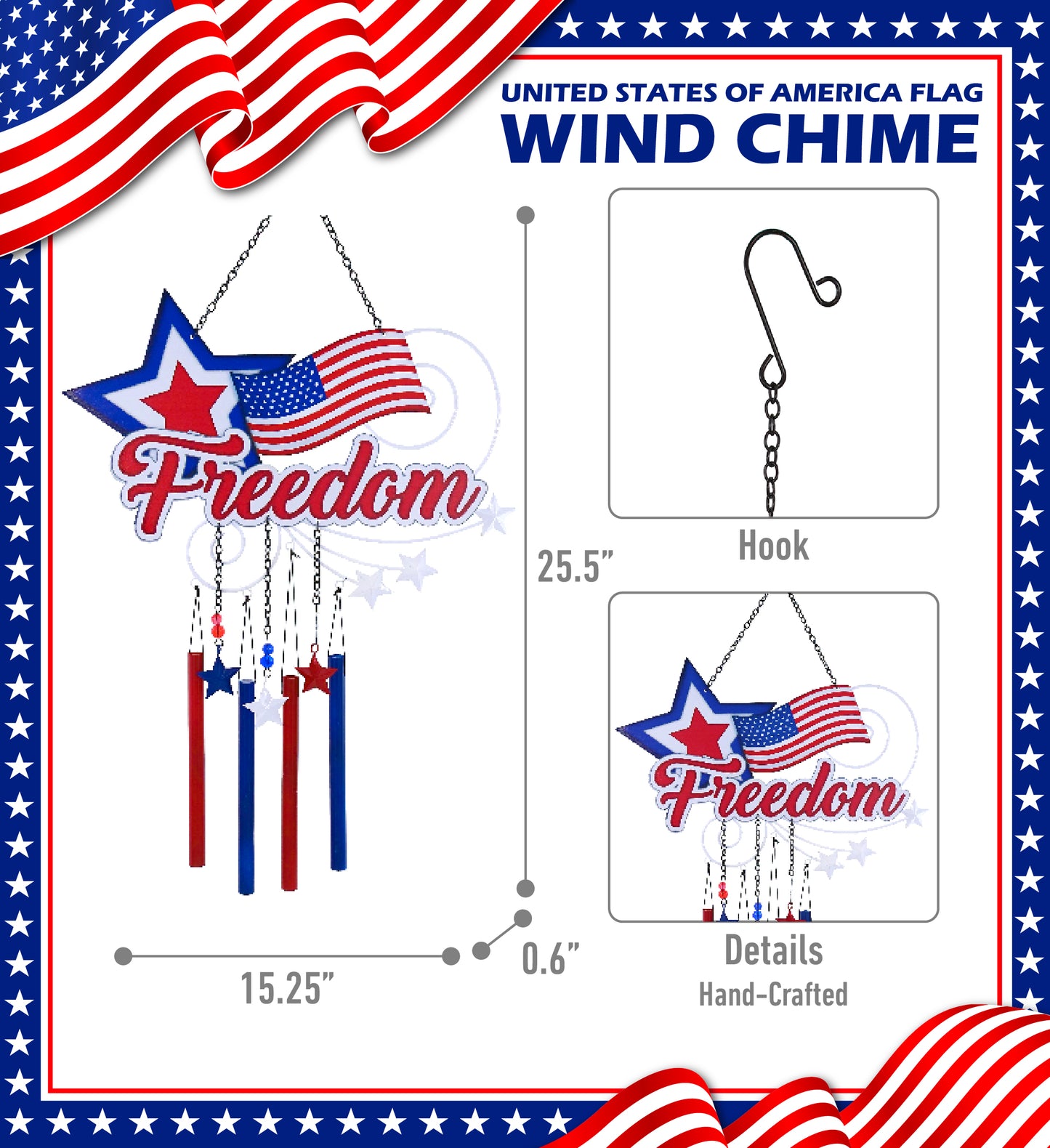 CoTa Global USA Flag Star Handcrafted Glass and Metal Wind Chime - 25.5 Inches