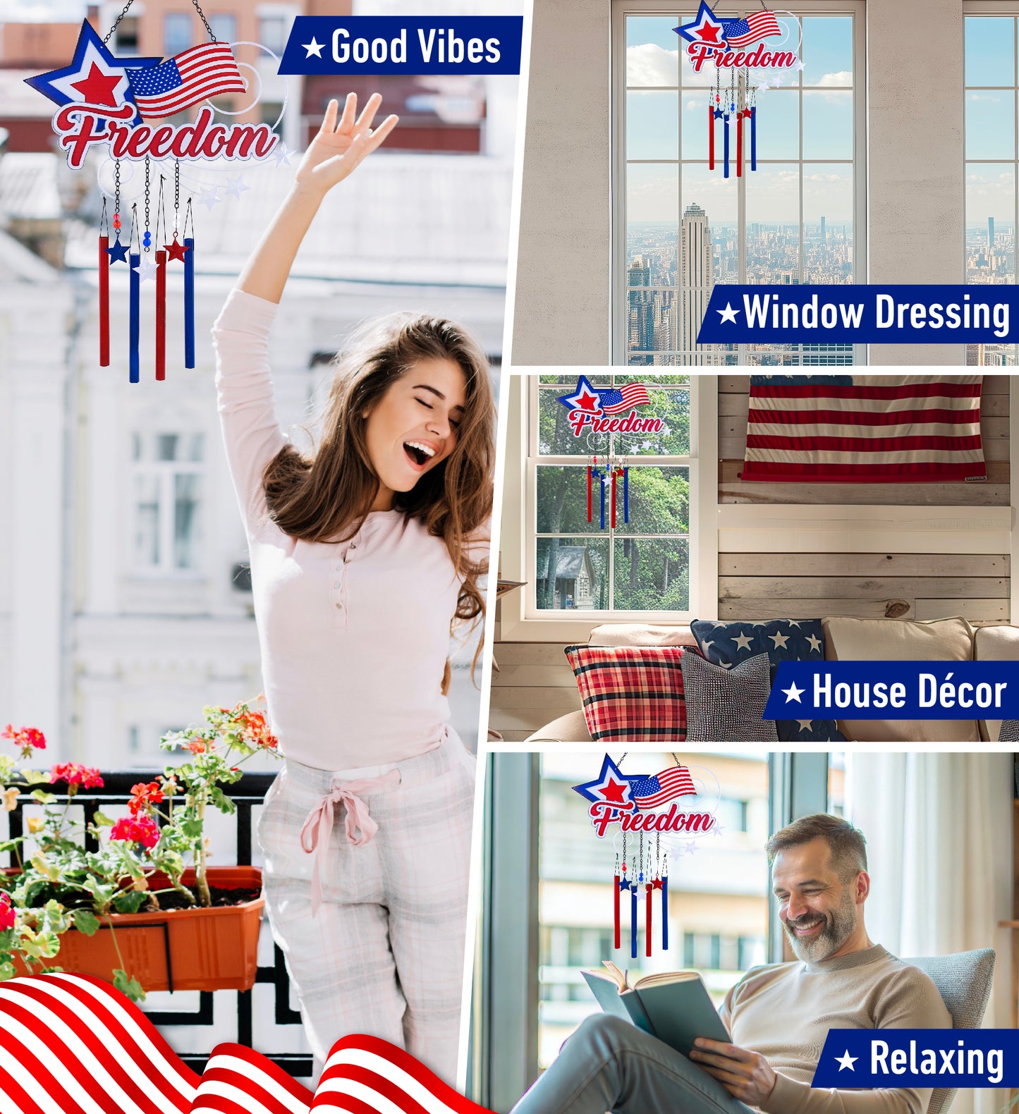 CoTa Global USA Flag Star Handcrafted Glass and Metal Wind Chime - 25.5 Inches