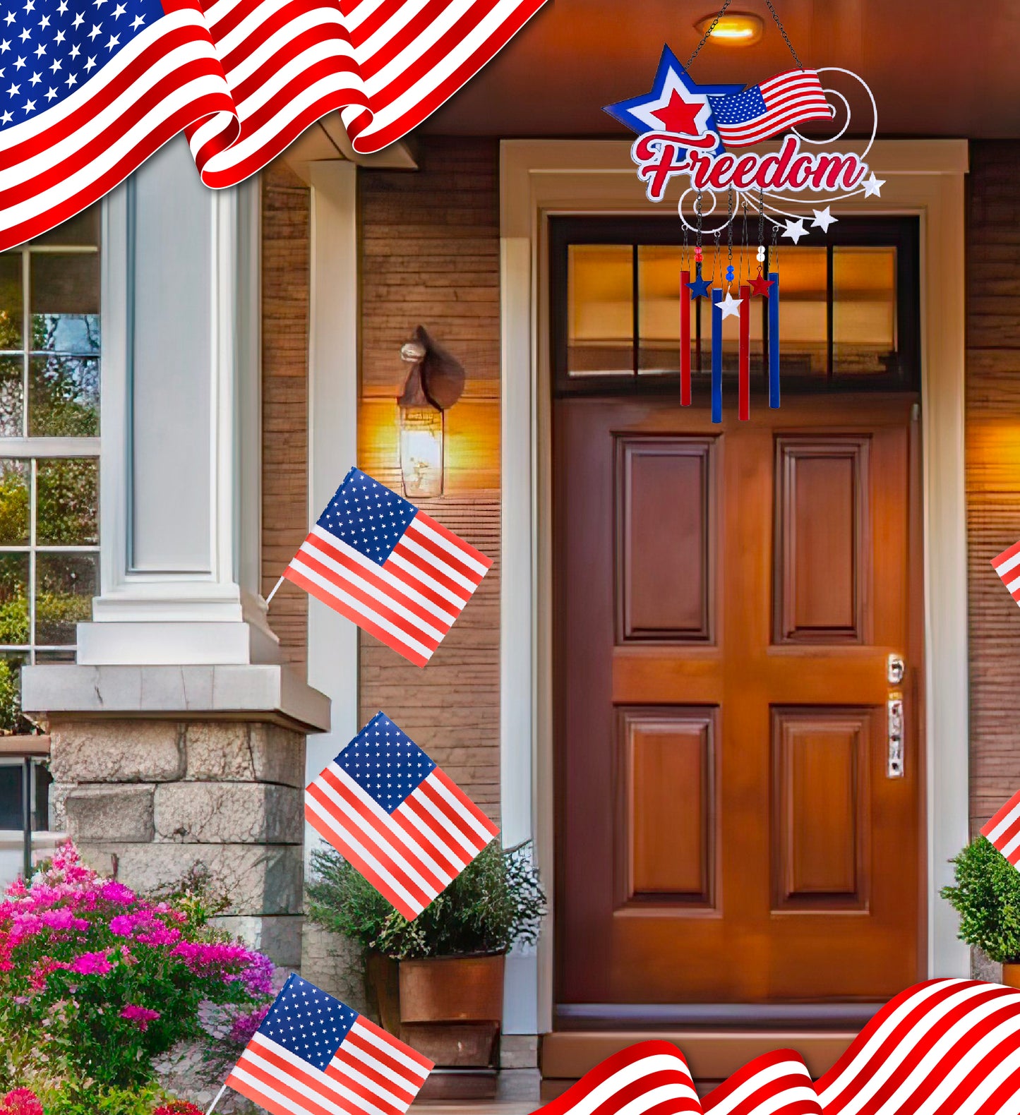 CoTa Global USA Flag Star Handcrafted Glass and Metal Wind Chime - 25.5 Inches
