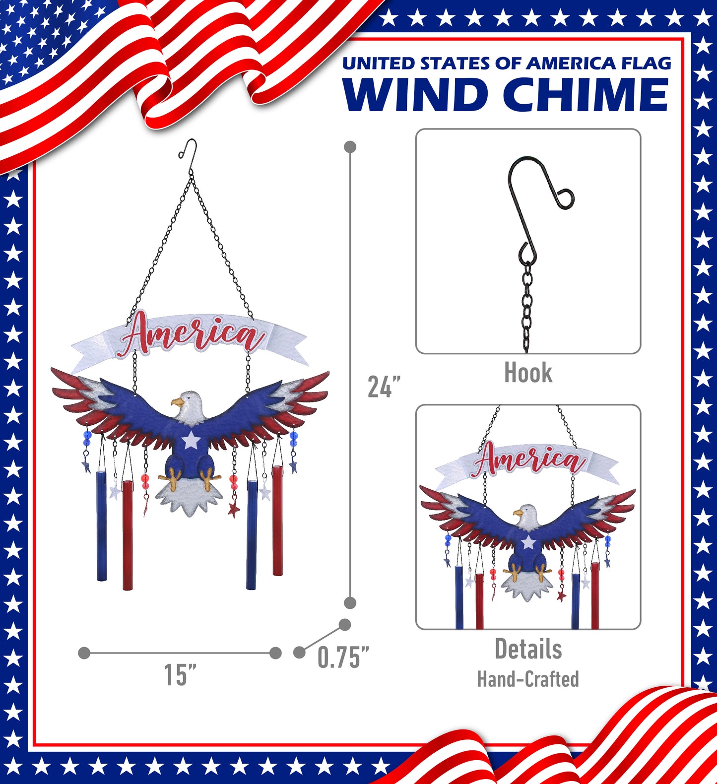 CoTa Global American Eagle Handcrafted Glass and Metal Wind Chime - 24 Inches
