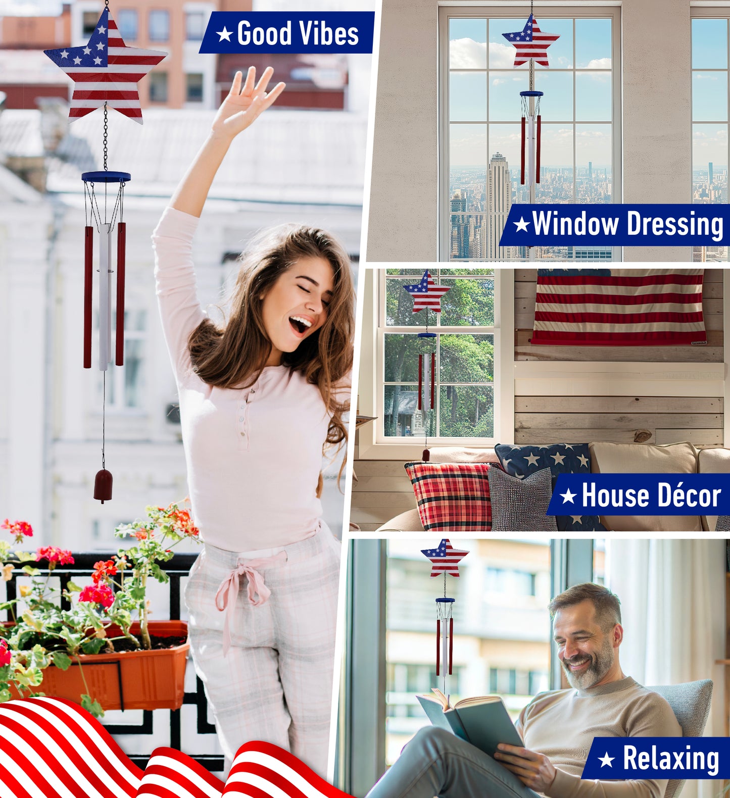 CoTa Global USA Flag Star Handcrafted Glass and Metal Wind Chime - 37.7 Inches