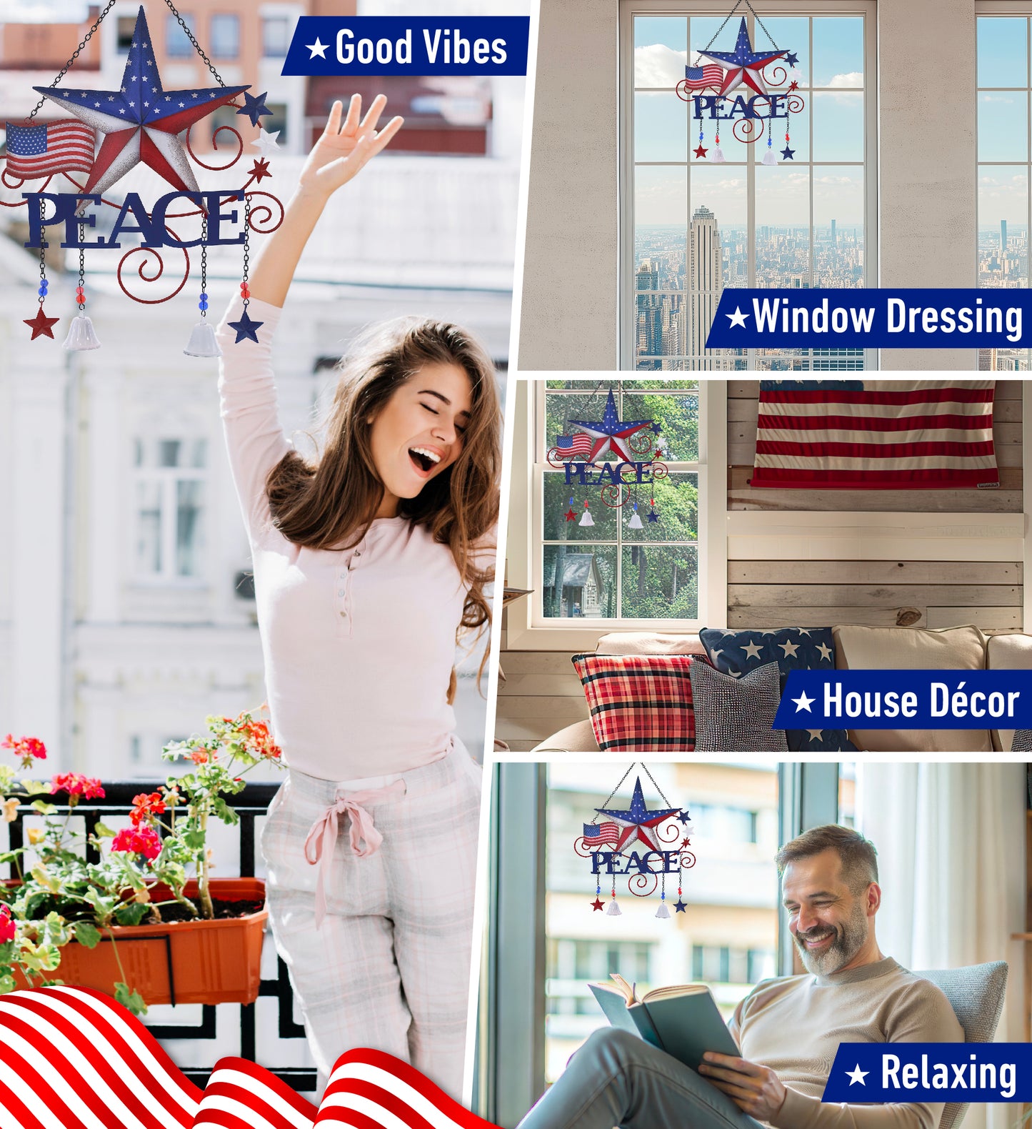 CoTa Global USA Flag Peace Handcrafted Glass and Metal Wind Chime - 20 Inches