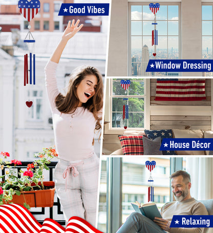CoTa Global USA Flag Heart Handcrafted Glass and Metal Wind Chime - 36 Inches