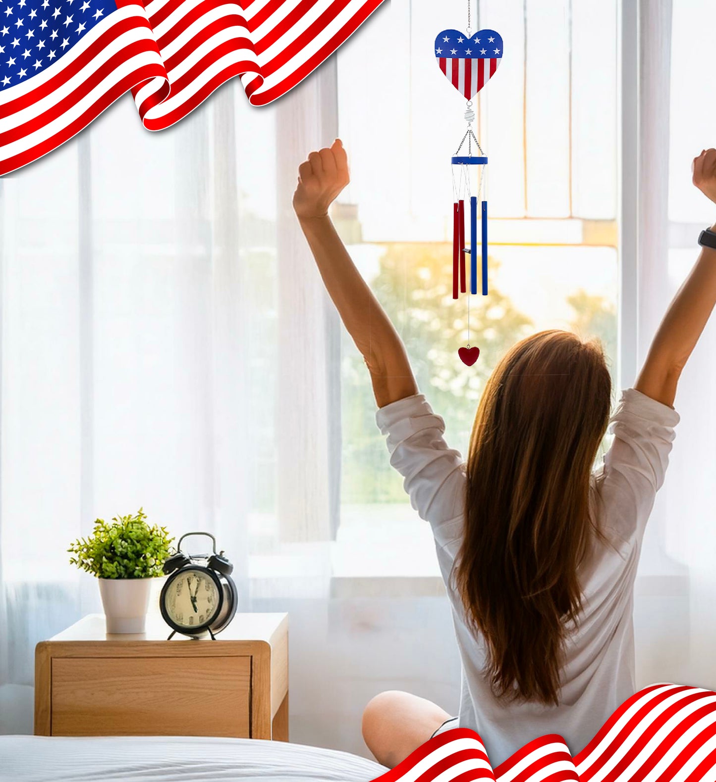 CoTa Global USA Flag Heart Handcrafted Glass and Metal Wind Chime - 36 Inches