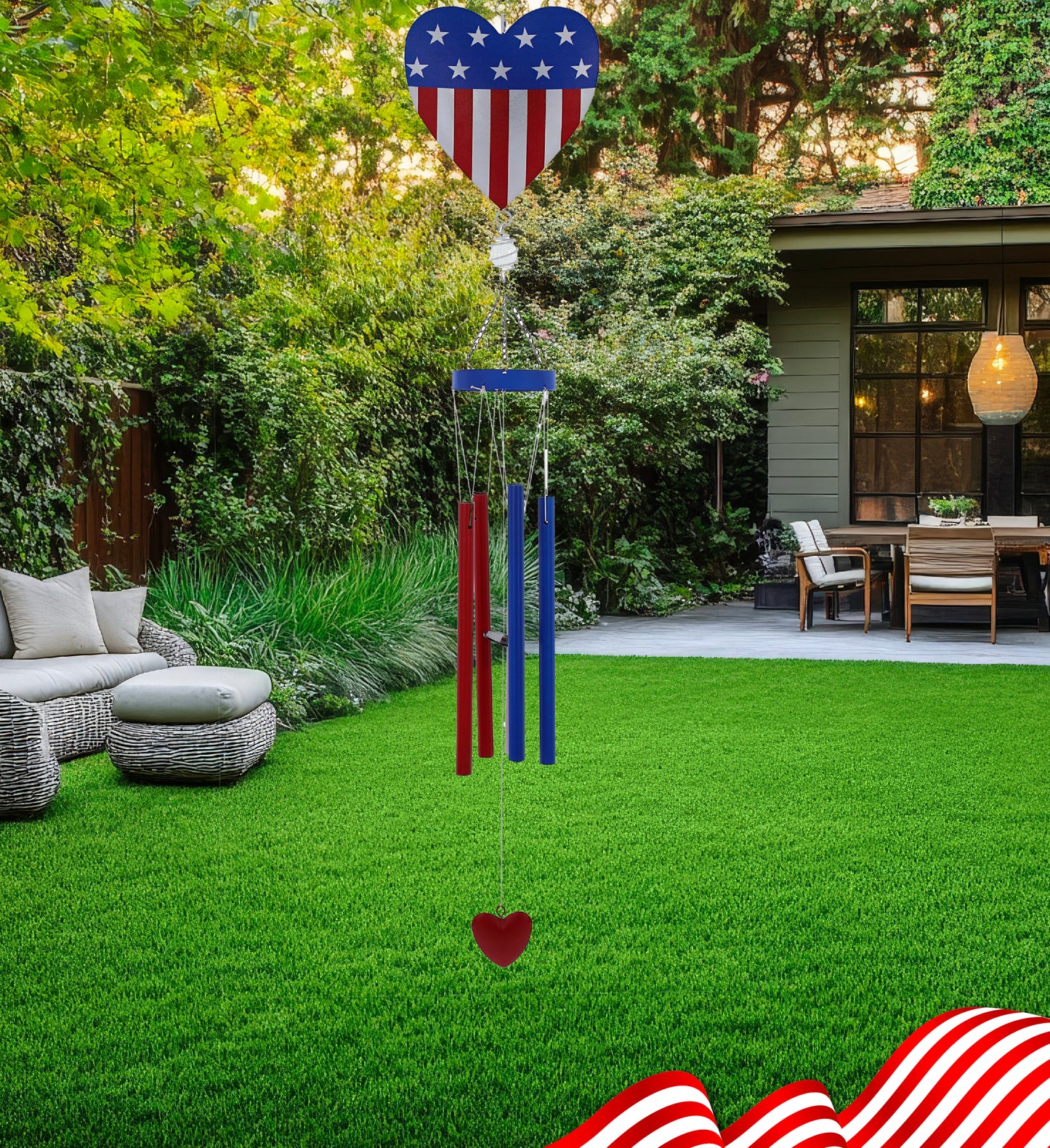 CoTa Global USA Flag Heart Handcrafted Glass and Metal Wind Chime - 36 Inches